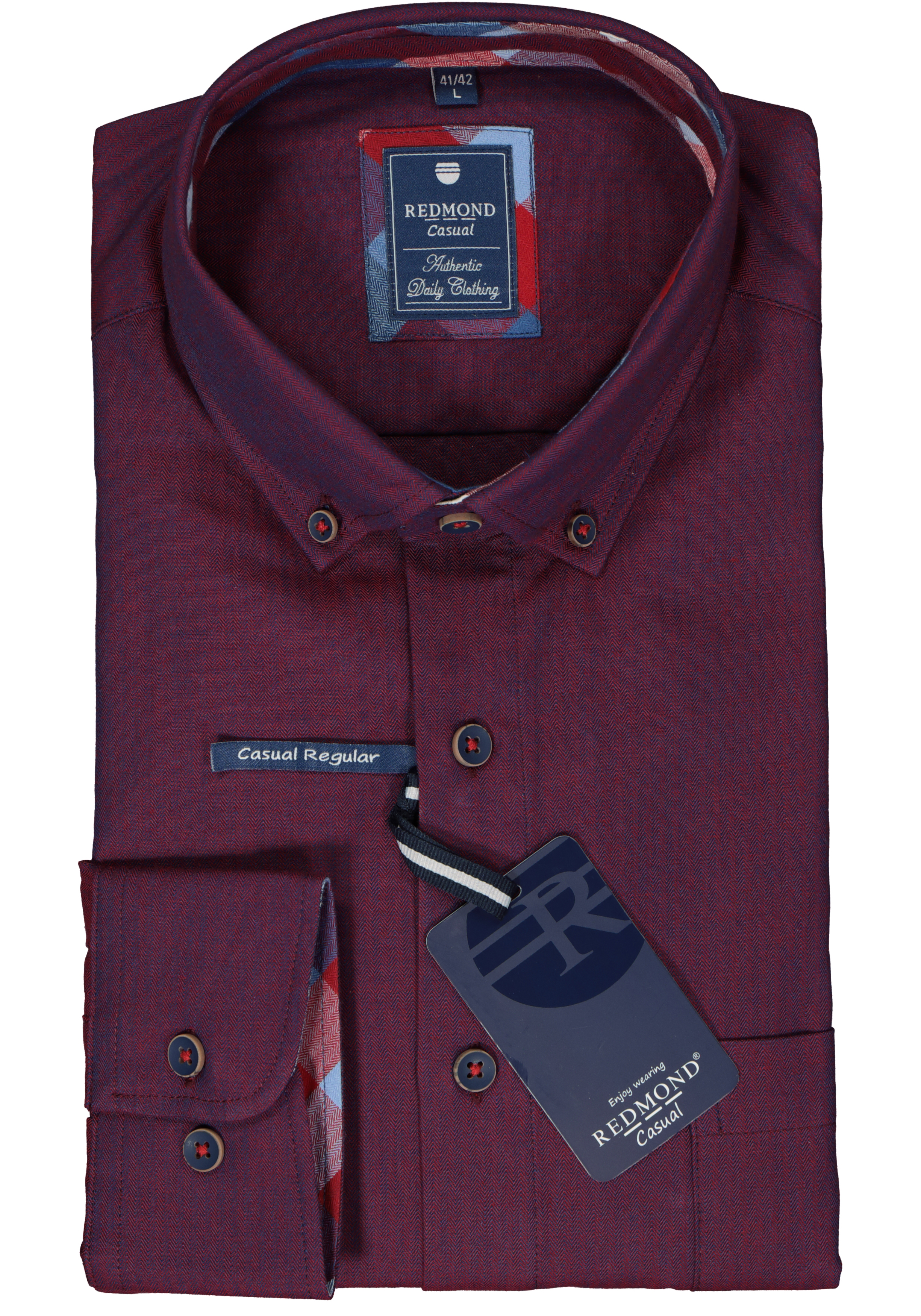 Redmond regular fit overhemd, herringbone, bordeauxrood