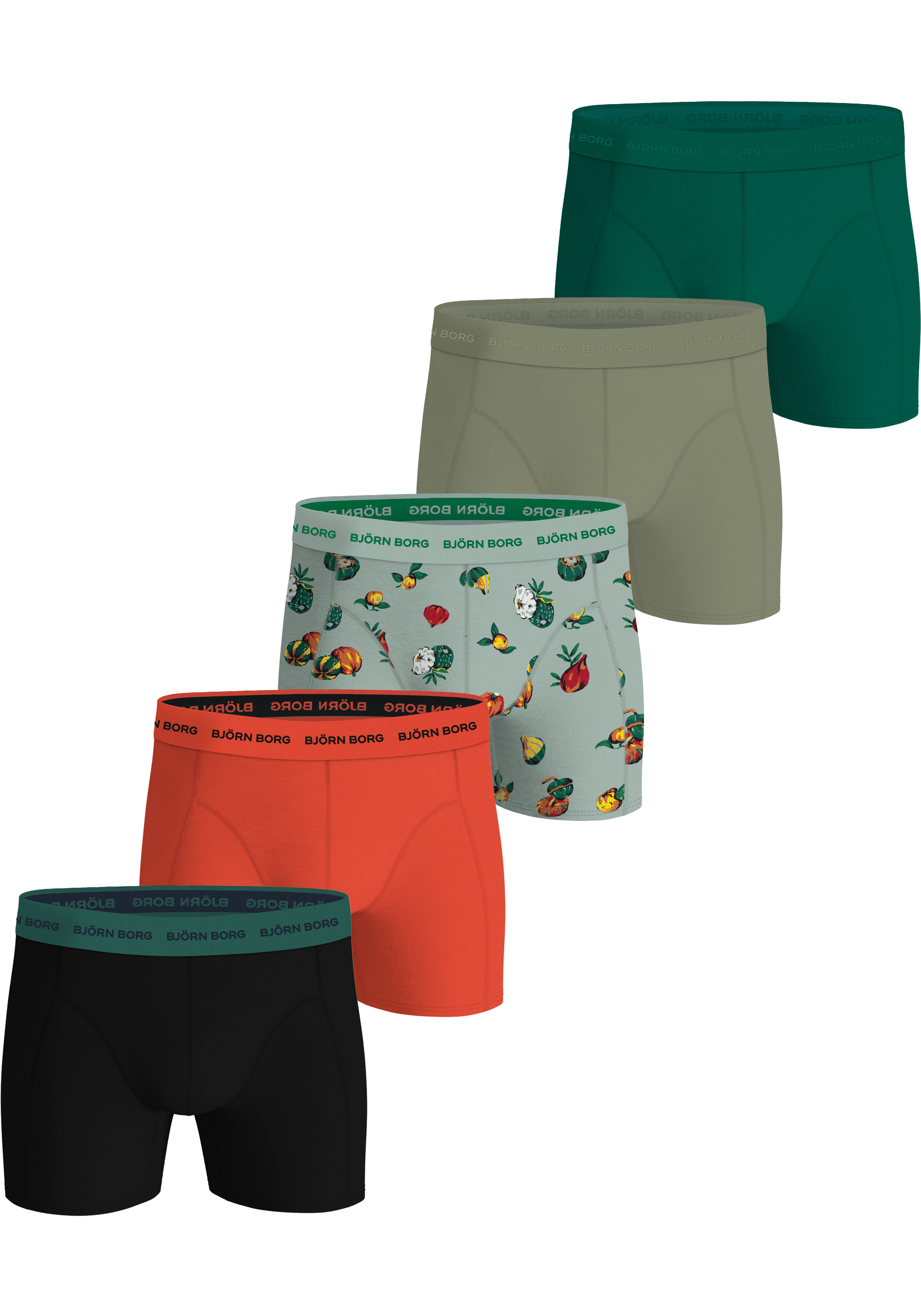 Bjorn Borg Cotton Stretch boxers, heren boxers normale lengte (5-pack), zwart, rood, groen, olijfgroen en groen met print