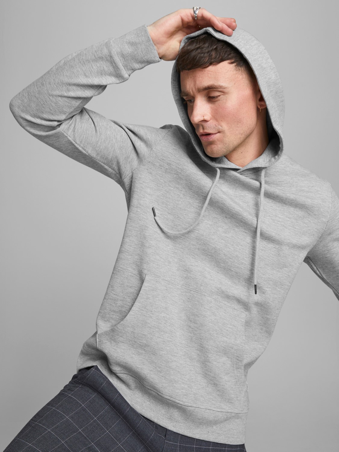 JACK & JONES Basic sweat hood regular fit, heren hoodie katoenmengsel met capuchon, lichtgrijs melange