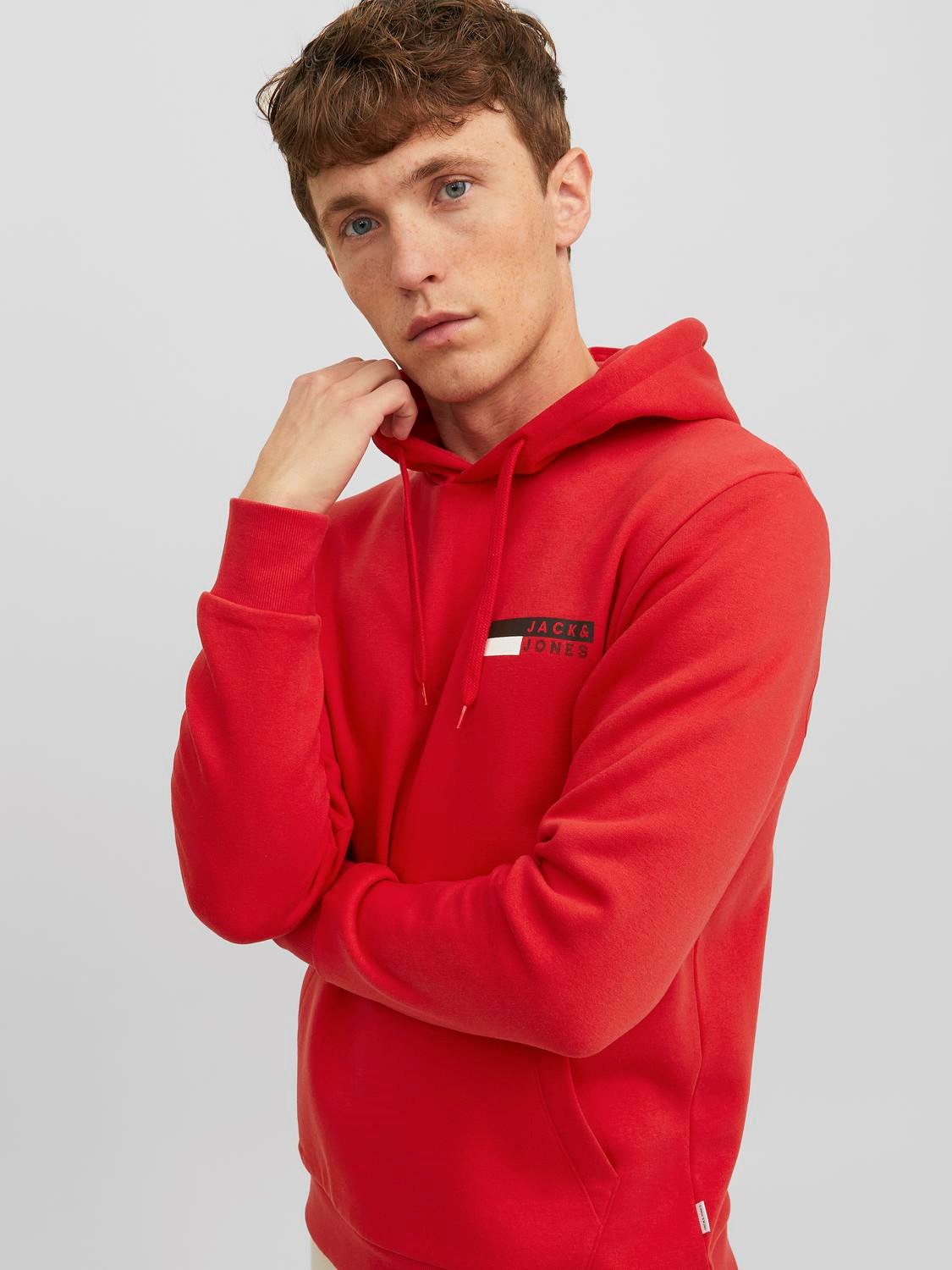 JACK & JONES Corp logo sweat hood play regular fit, heren hoodie katoenmengsel met capuchon, rood met kleine logoprint