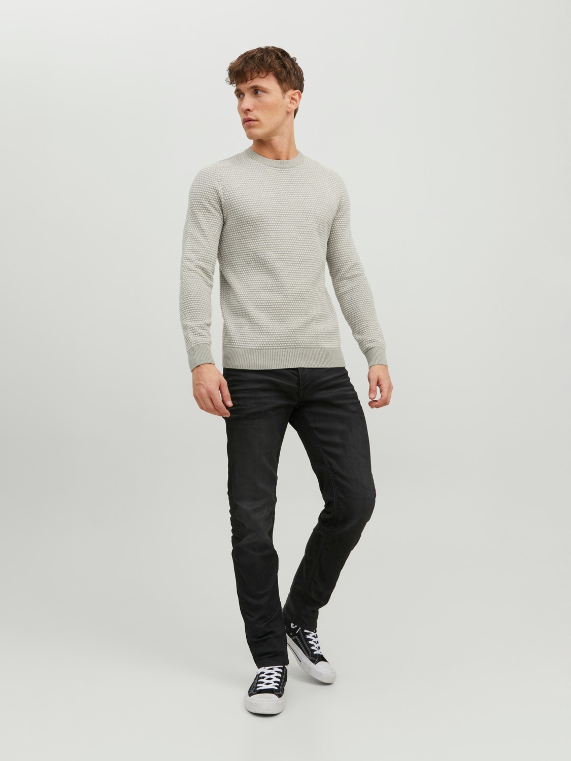 JACK & JONES Atlas knit crew neck slim fit, heren pullover katoen met O-hals, lichtgrijs melange