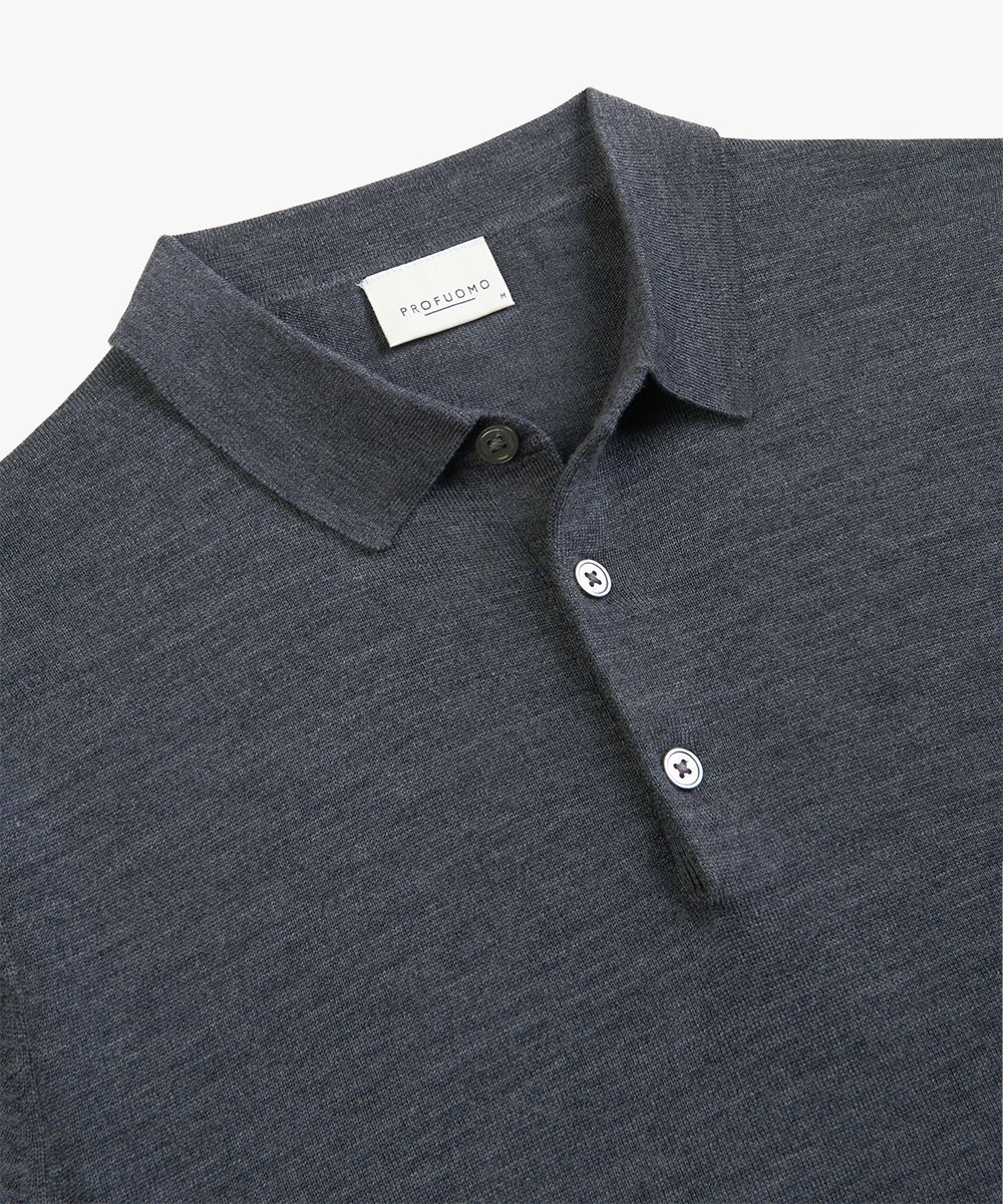 Profuomo heren trui wol, slim fit gebreide polo lange mouw, antraciet grijs