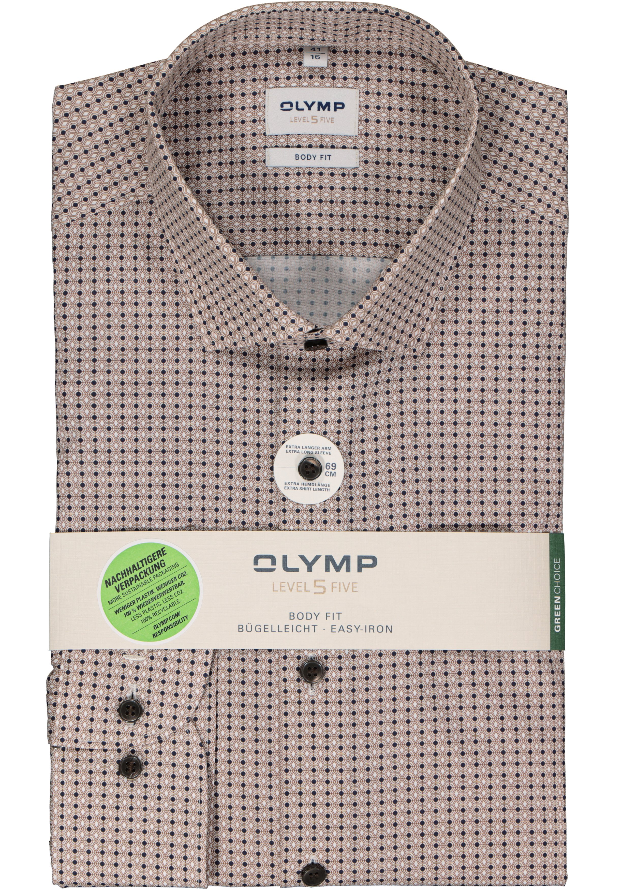 OLYMP Level 5 body fit overhemd, mouwlengte 7, mouwlengte 7, popeline, beige met blauw en wit dessin