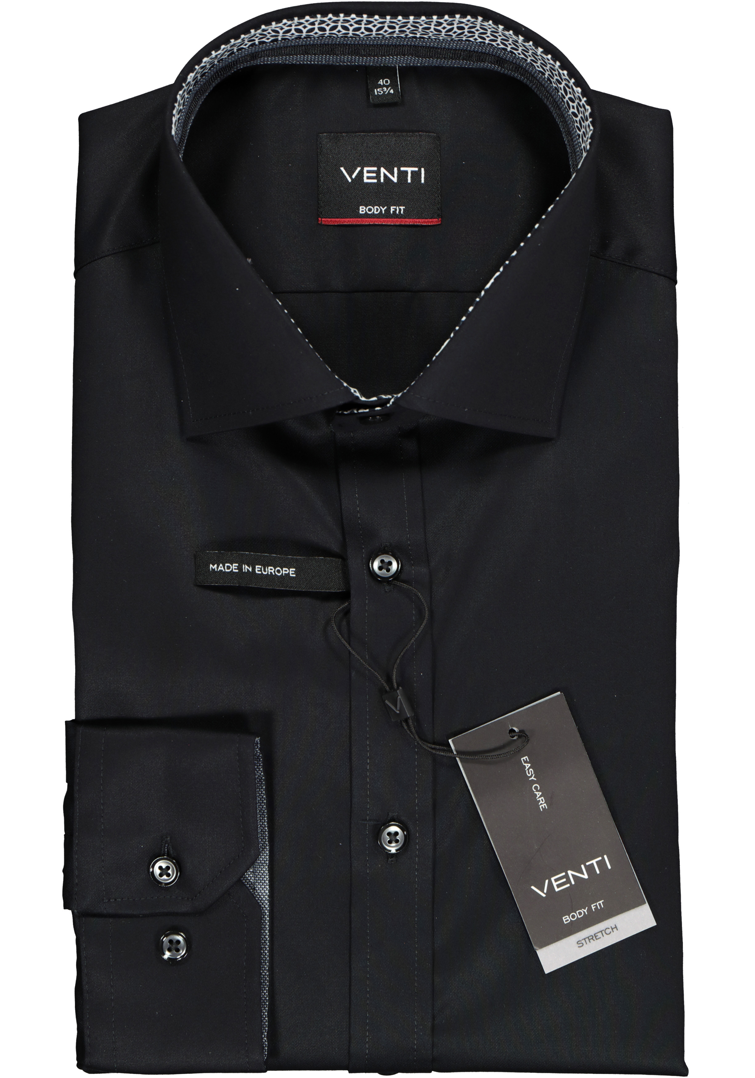 VENTI body fit overhemd, zwart twill (contrast)