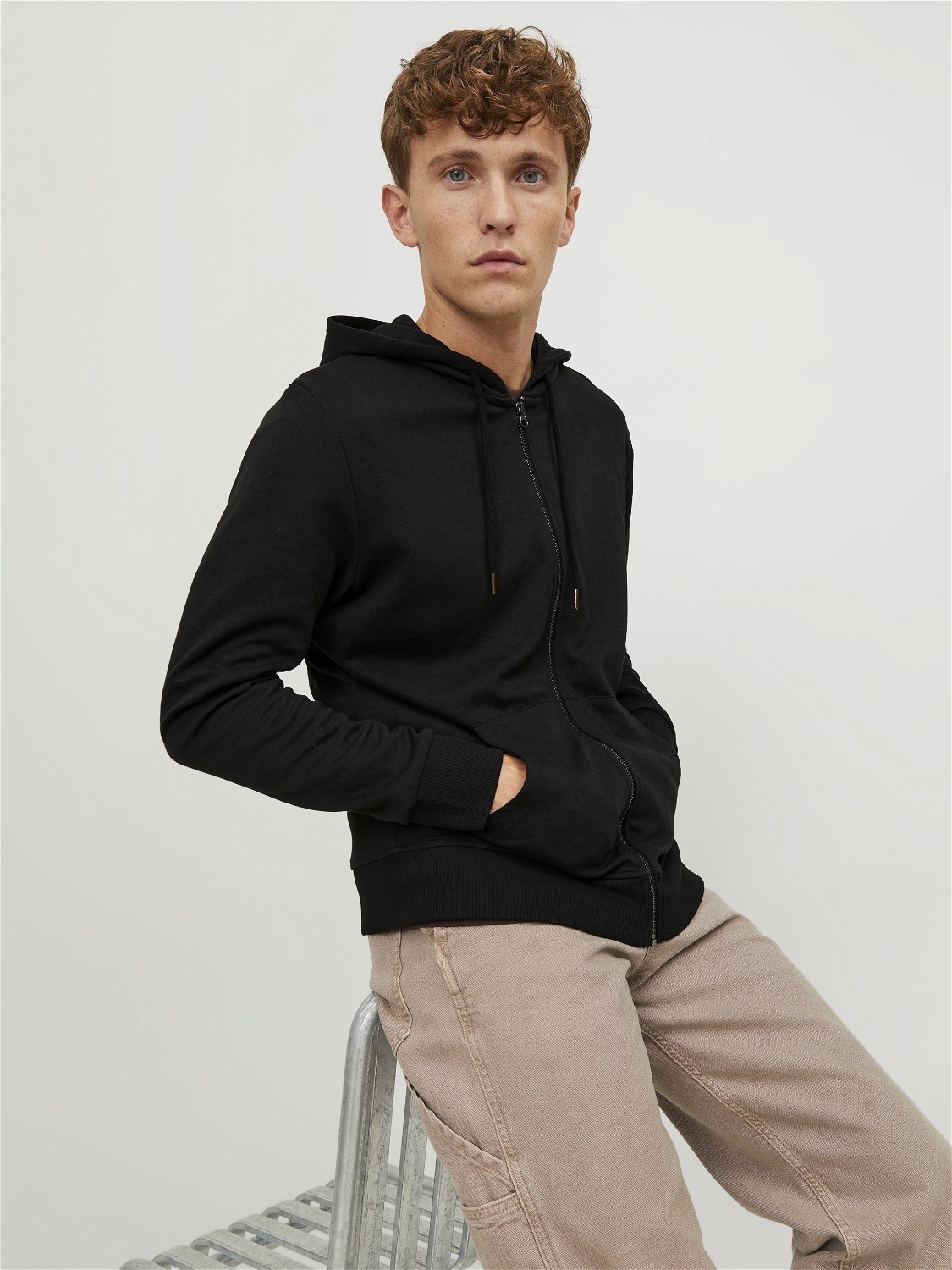 JACK & JONES Basic sweat zip hood slim fit, heren sweatvest katoenmengsel met capuchon, zwart