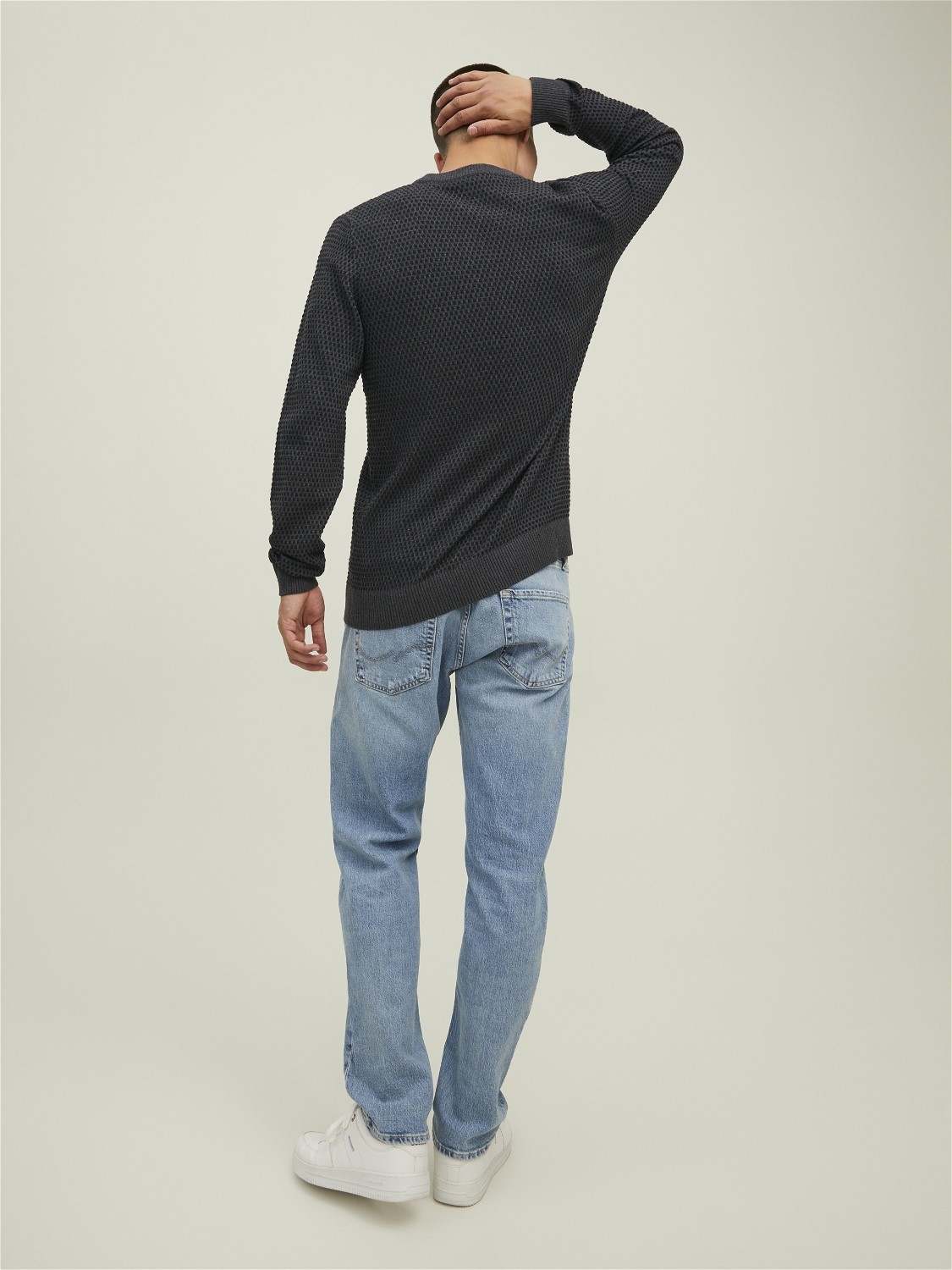 JACK & JONES Atlas knit crew neck slim fit, heren pullover katoen met O-hals, donkergrijs melange