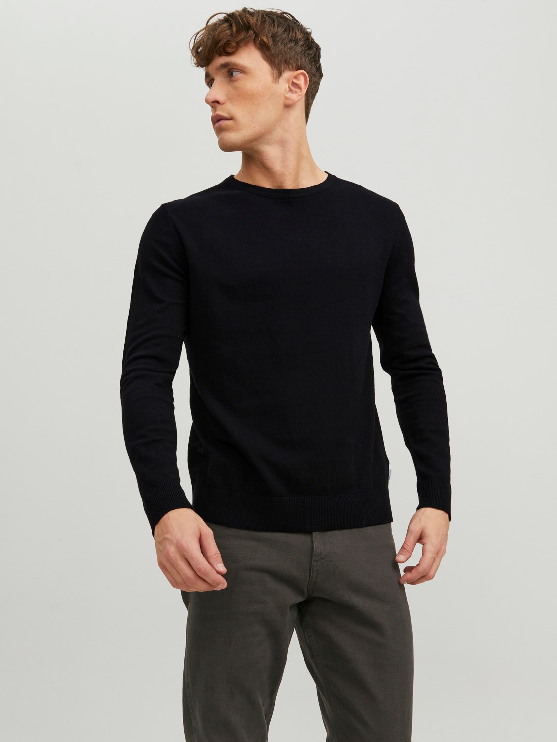 JACK & JONES Emil knit crew neck slim fit, heren pullover viscosemengsel met O-hals, zwart