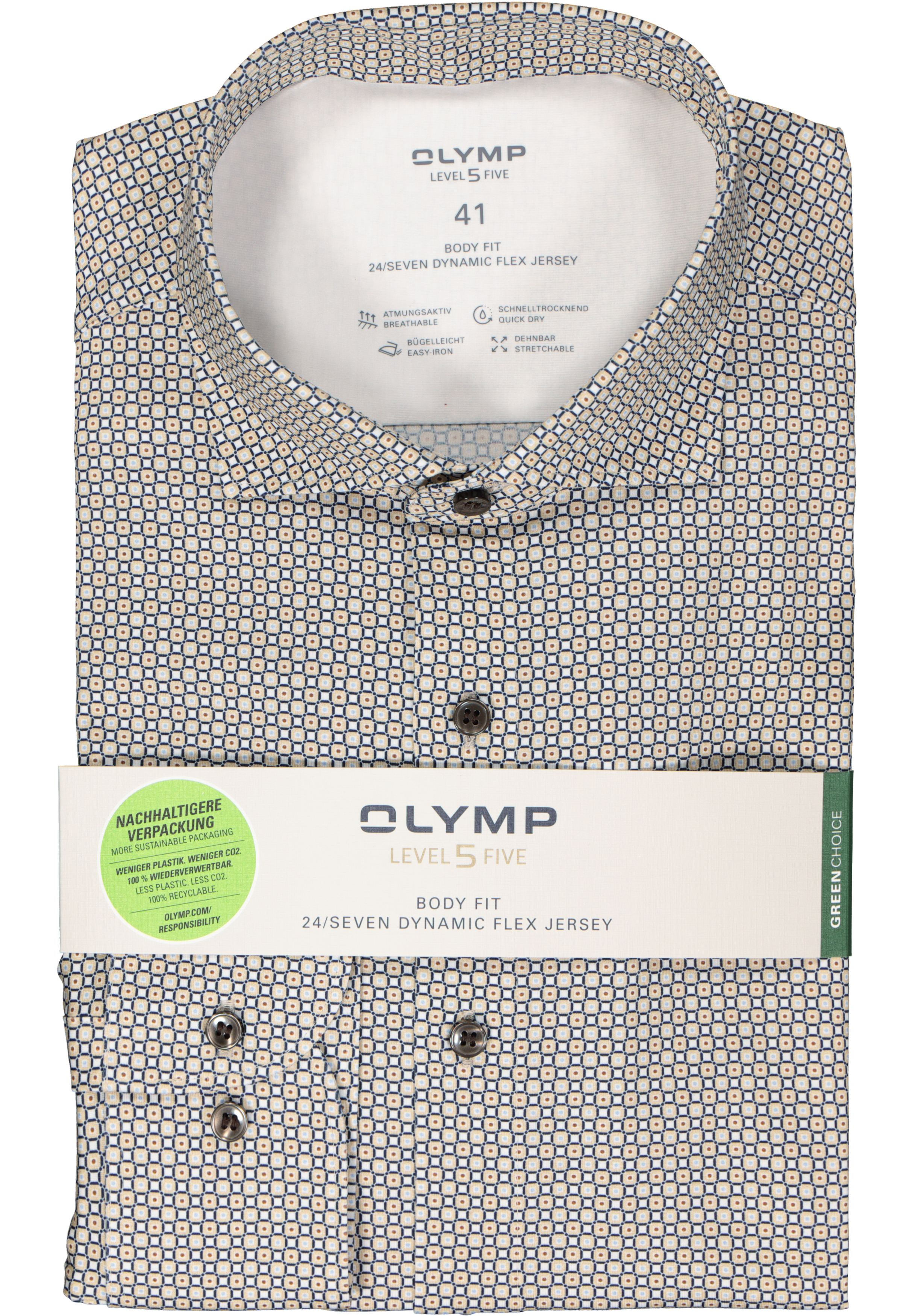 OLYMP 24/7 Level 5 body fit overhemd, tricot, beige met wit en blauw dessin