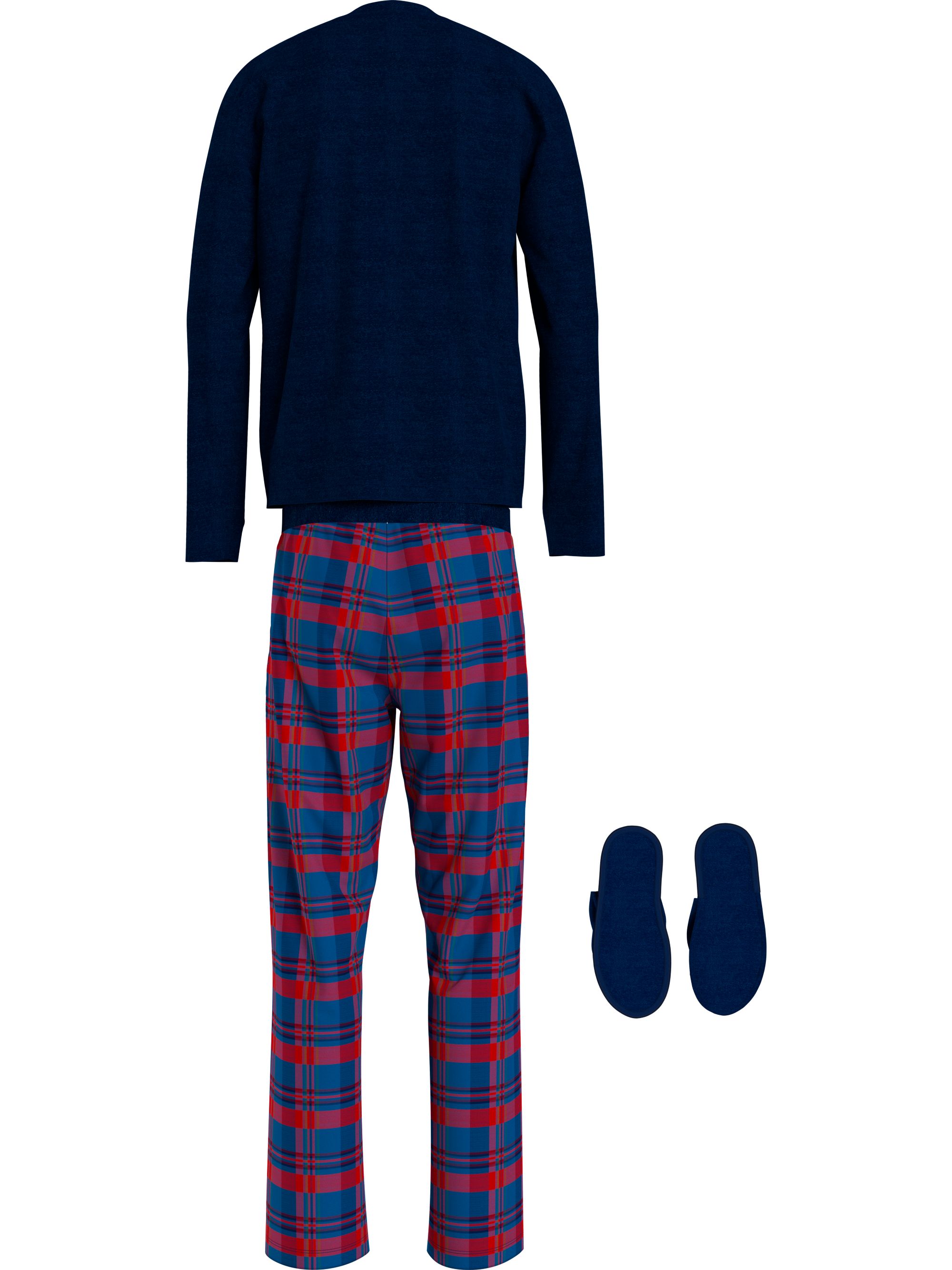 Tommy Hilfiger heren pyjama O-hals, woven flannel slippers set, blauw met geruite broek en bijpassende sloffen