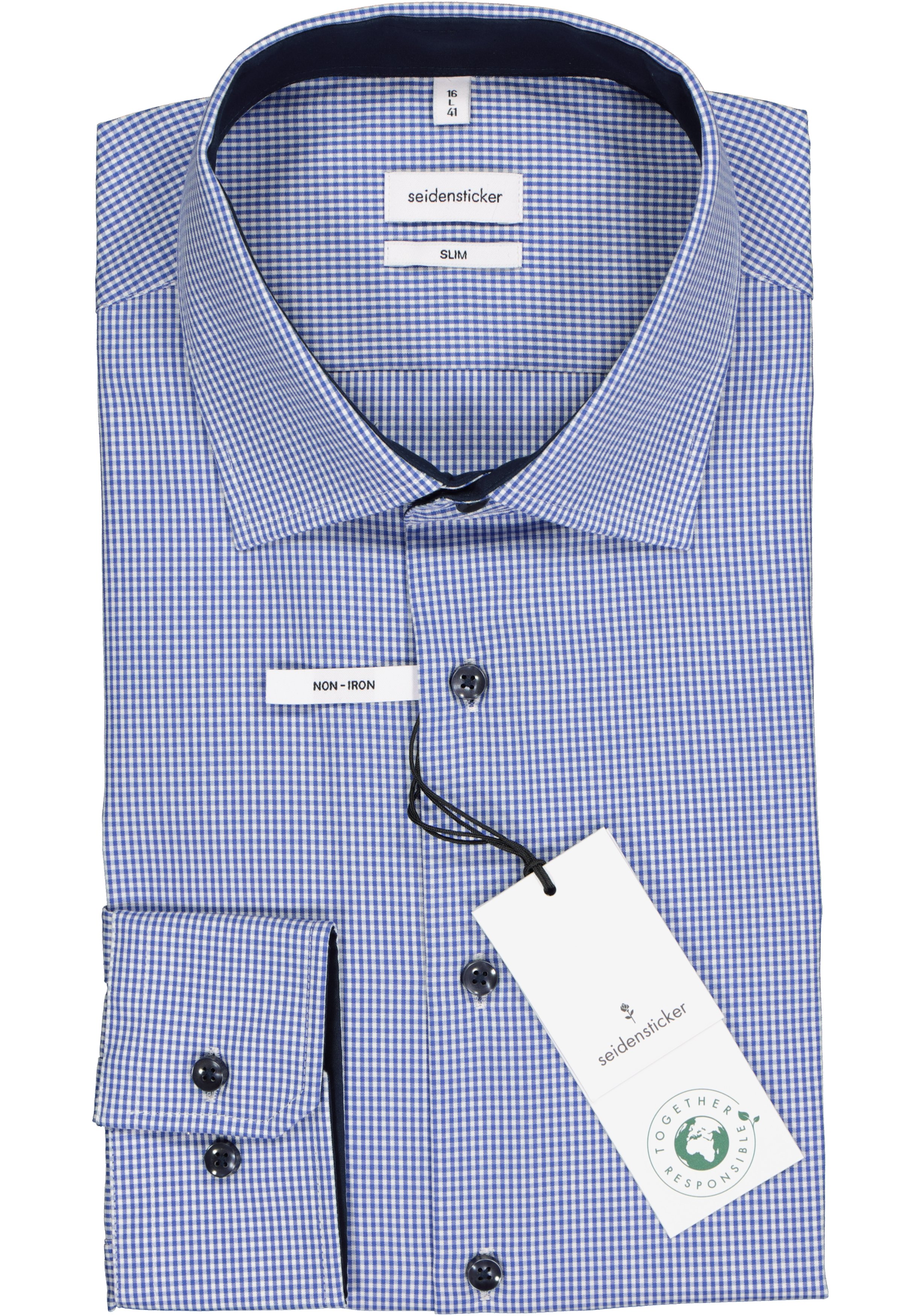 Seidensticker slim fit overhemd, blauw met wit geruit (contrast)  