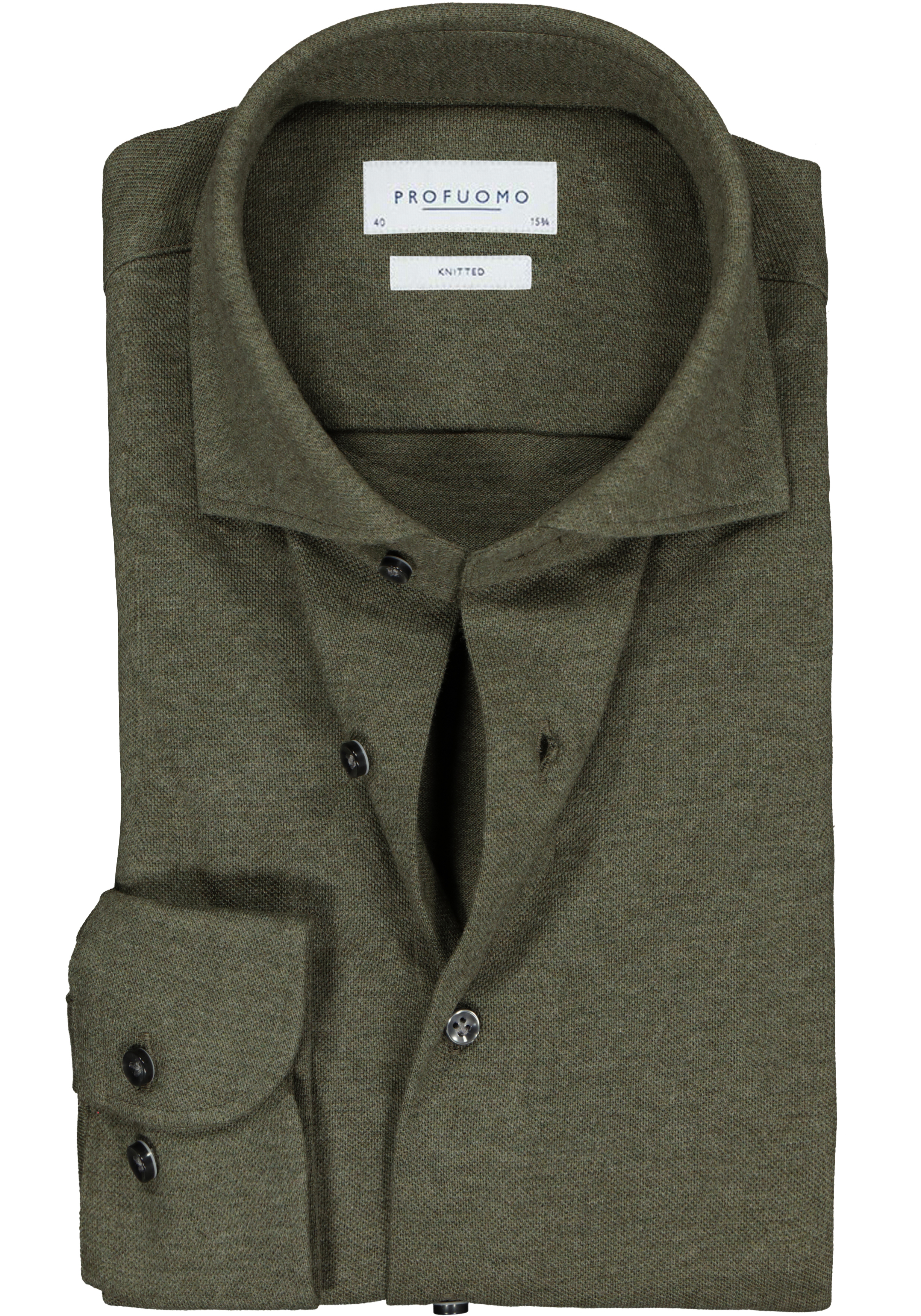 Profuomo slim fit jersey overhemd, knitted shirt pique, army groen melange