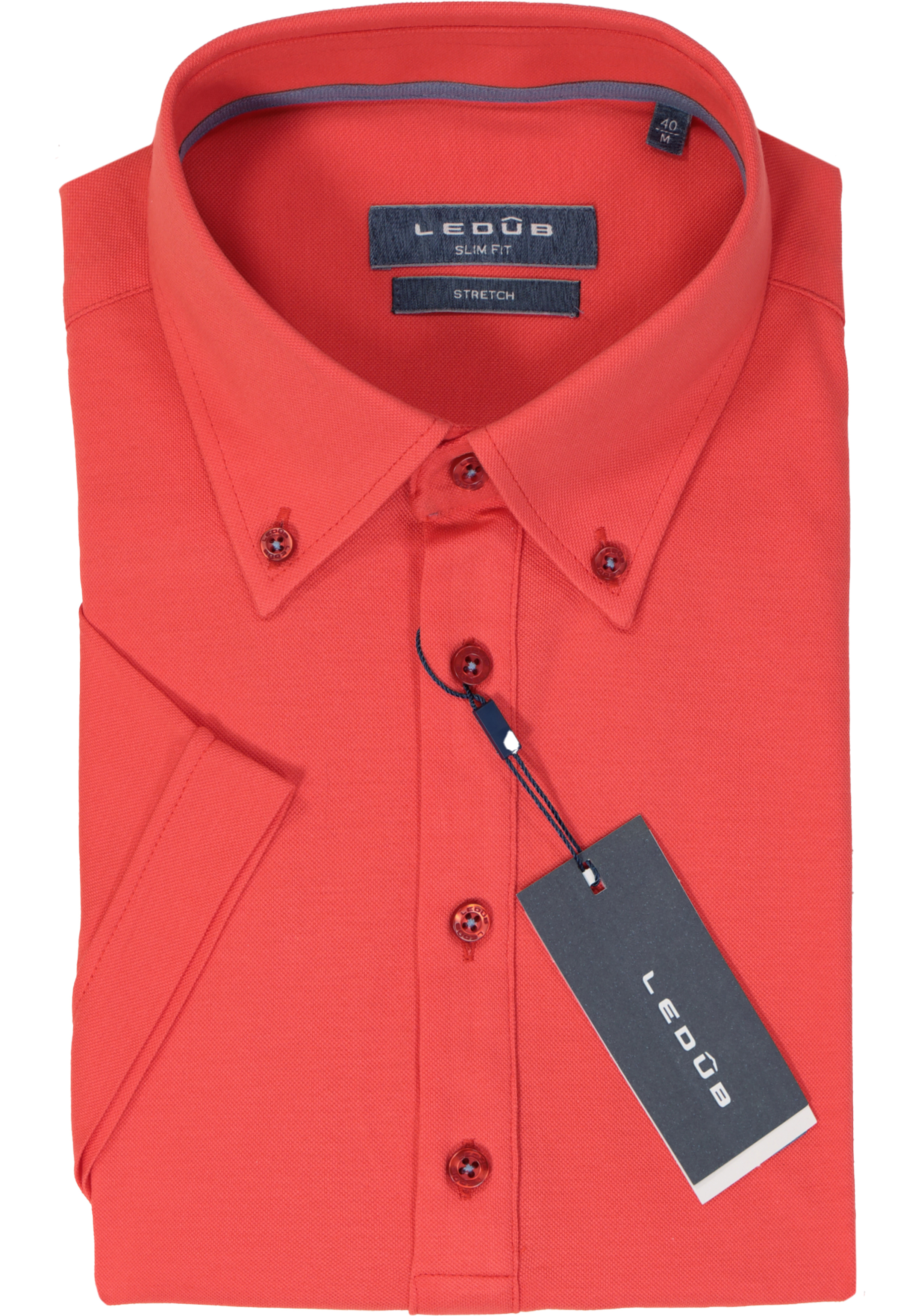 Ledub slim fit overhemd, korte mouw, koraal oranje tricot