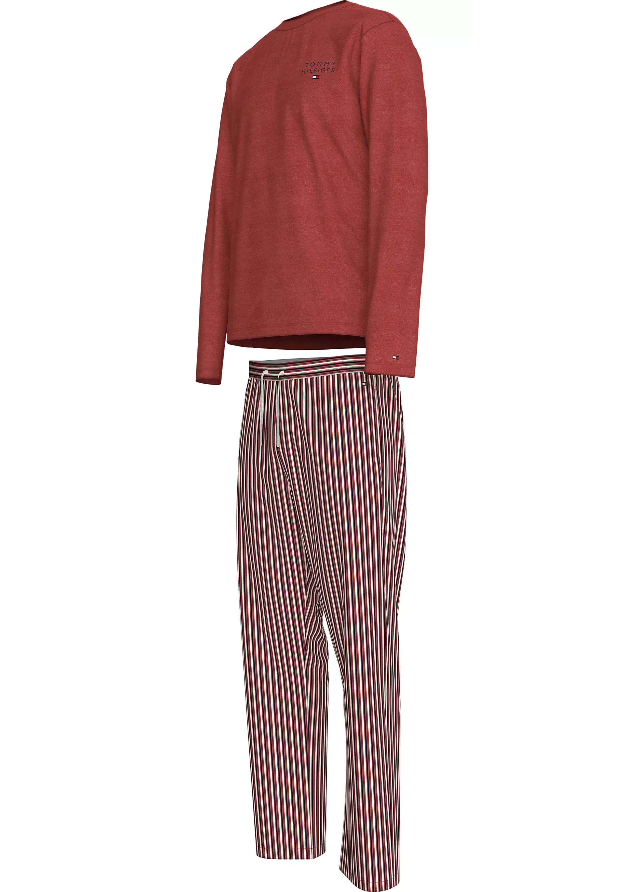 Tommy Hilfiger heren pyjama set, steenrood shirt met rood met wit en blauw gestreepte broek