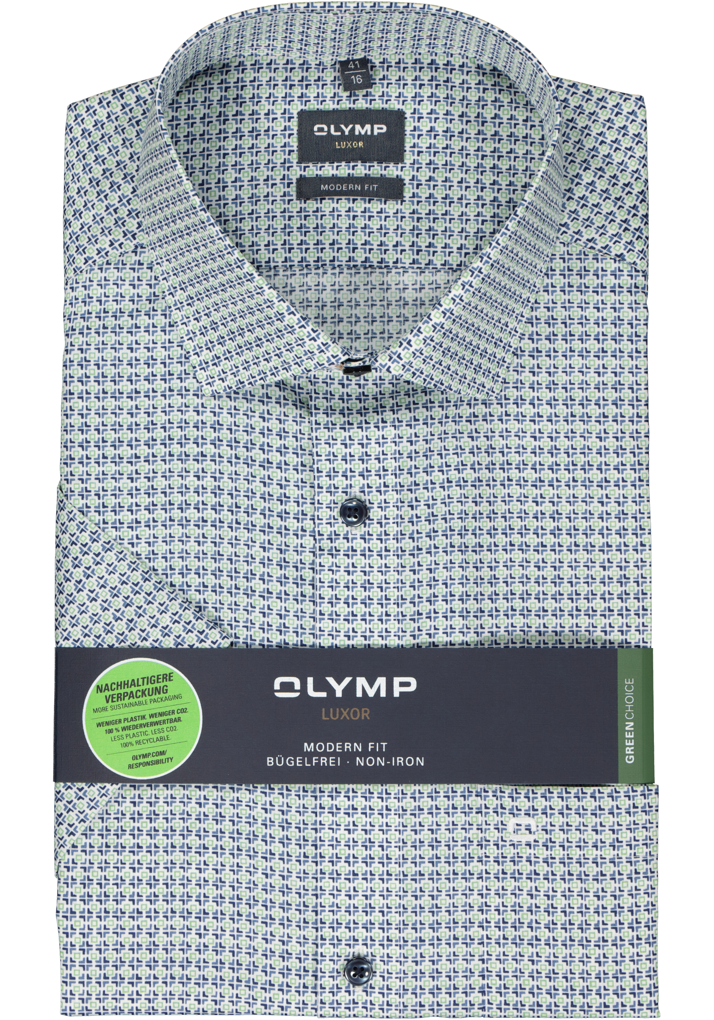 OLYMP modern fit overhemd, korte mouw, popeline, wit met blauw en groen dessin