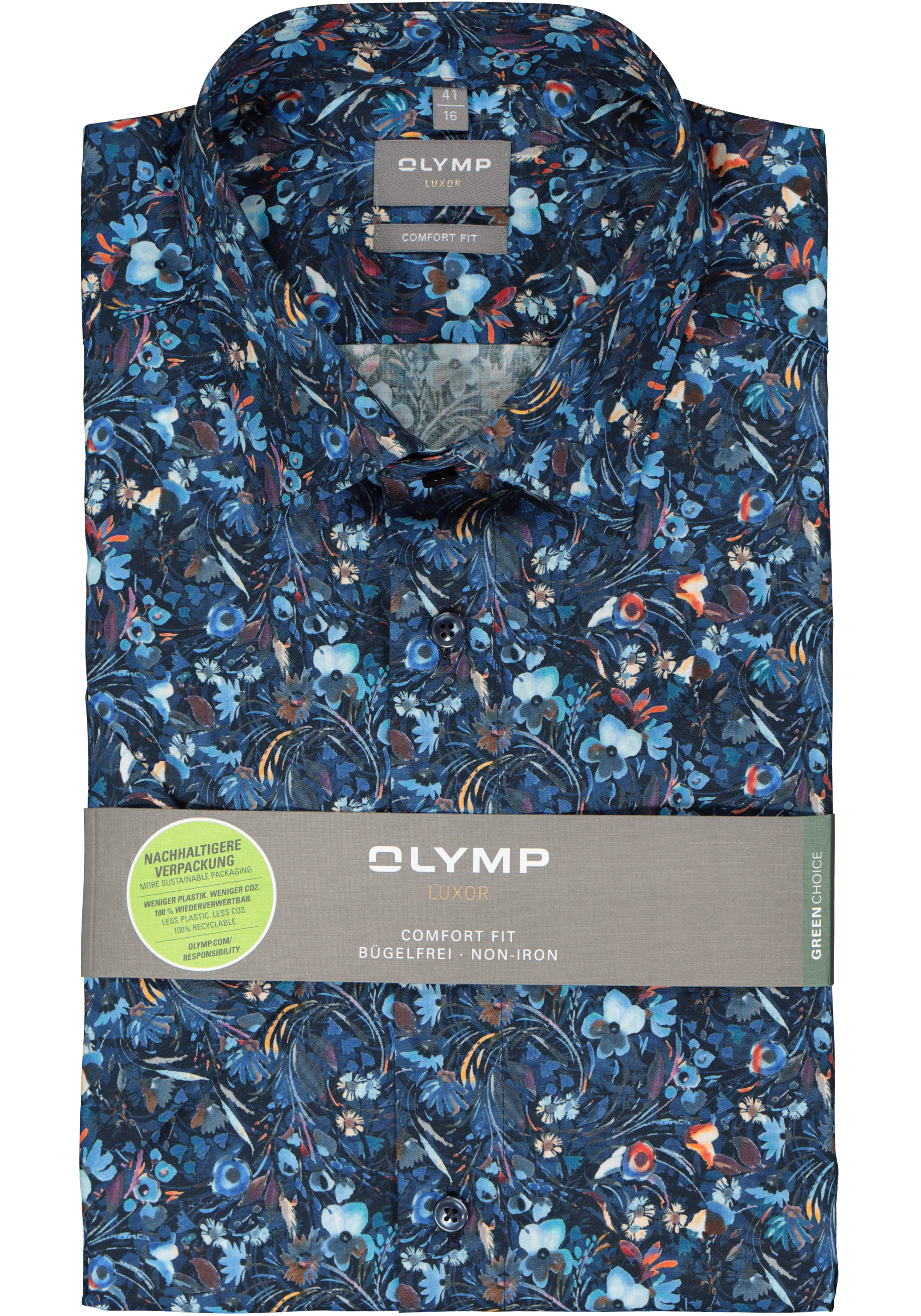 OLYMP comfort fit overhemd, korte mouw, popeline, donkerblauw bloemen dessin