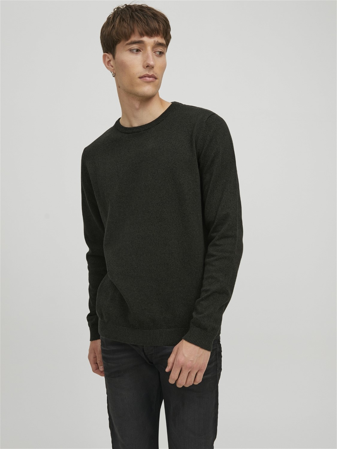 JACK & JONES Basic knit crew neck slim fit, heren pullover katoen met O-hals, groen samen met zwart