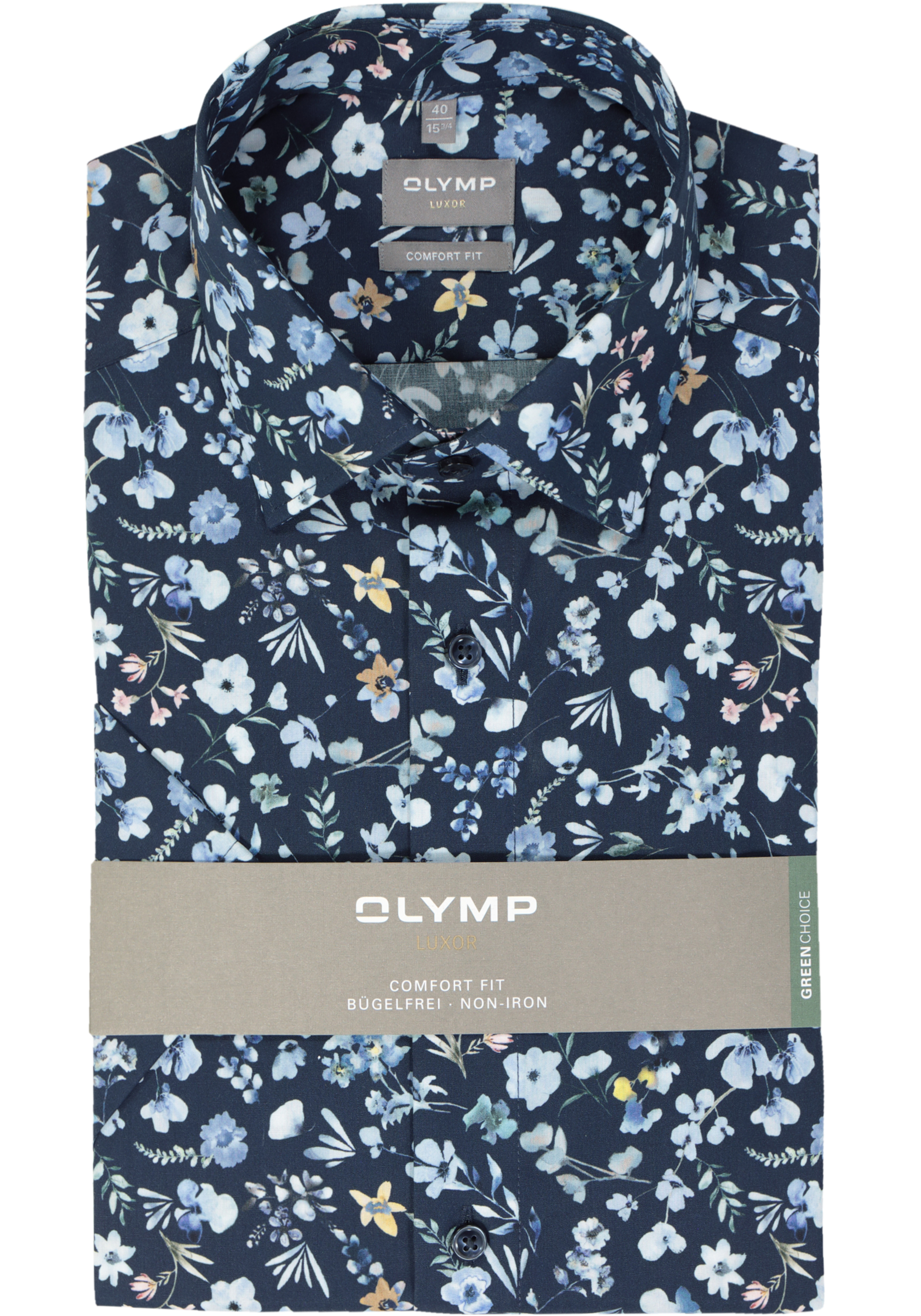 OLYMP comfort fit overhemd, korte mouw, popeline, marine blauw dessin