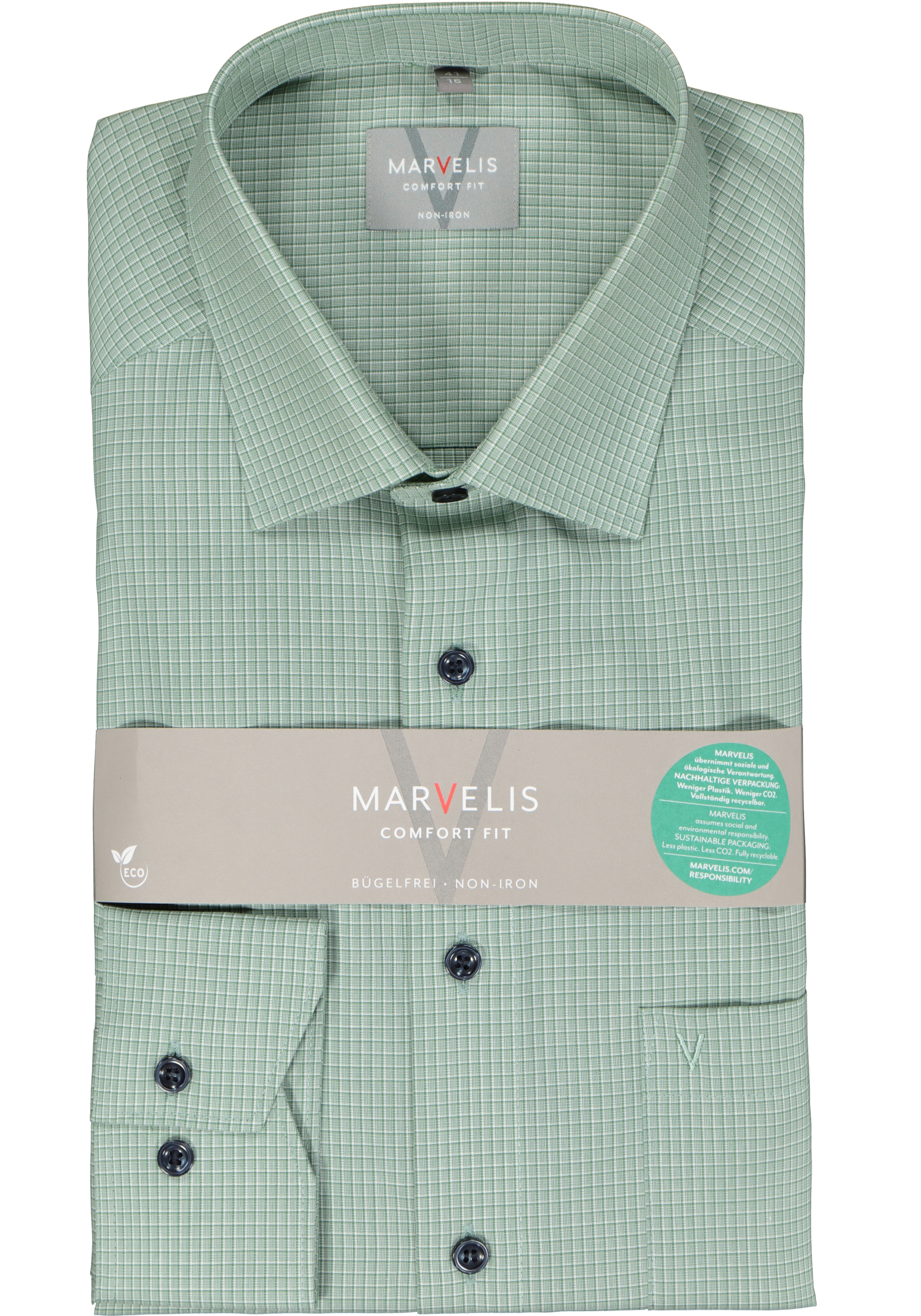 MARVELIS comfort fit overhemd, popeline, groen geruit