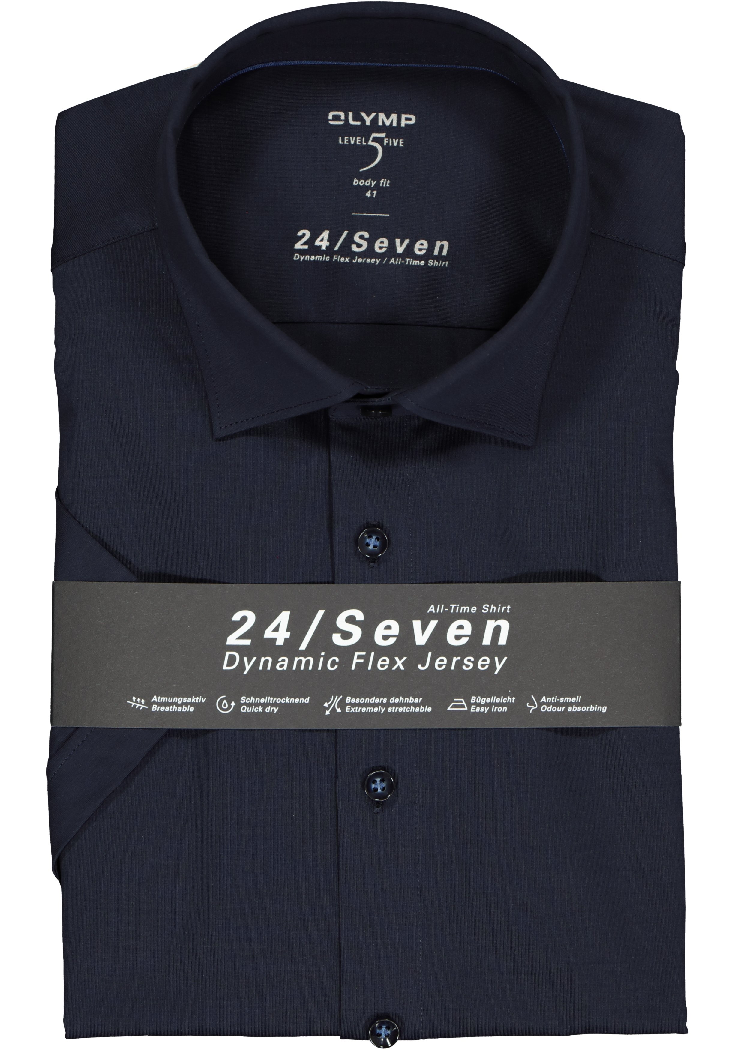 OLYMP Level 5 24/Seven body fit overhemd, korte mouw, marine blauw tricot