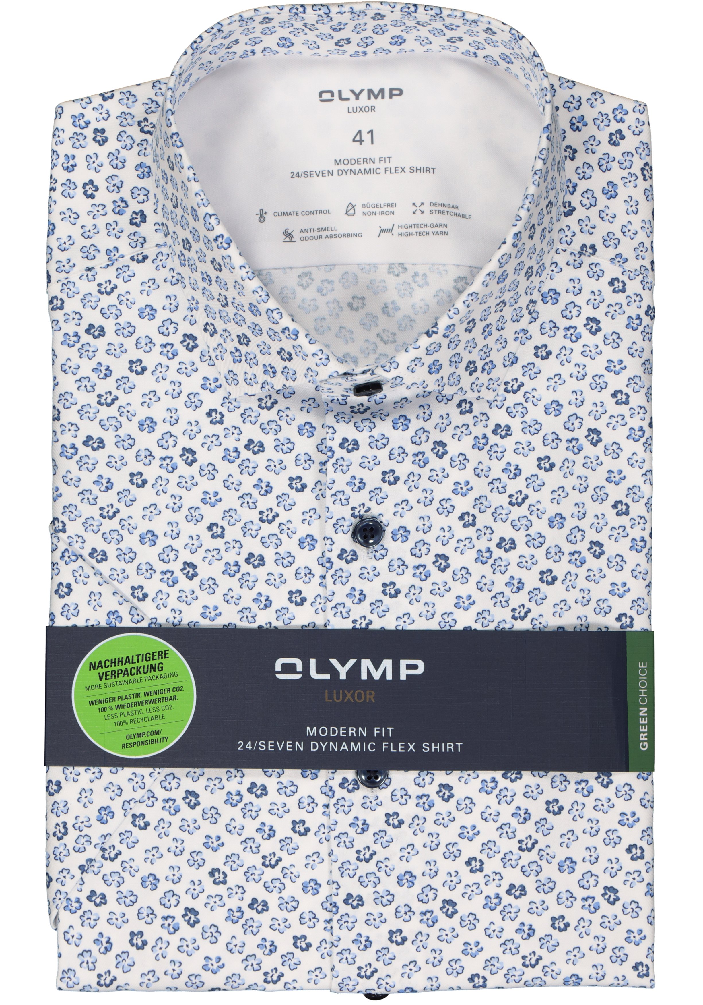 OLYMP 24/7 modern fit overhemd, korte mouw, dynamic flex, blauw met wit bloemen dessin