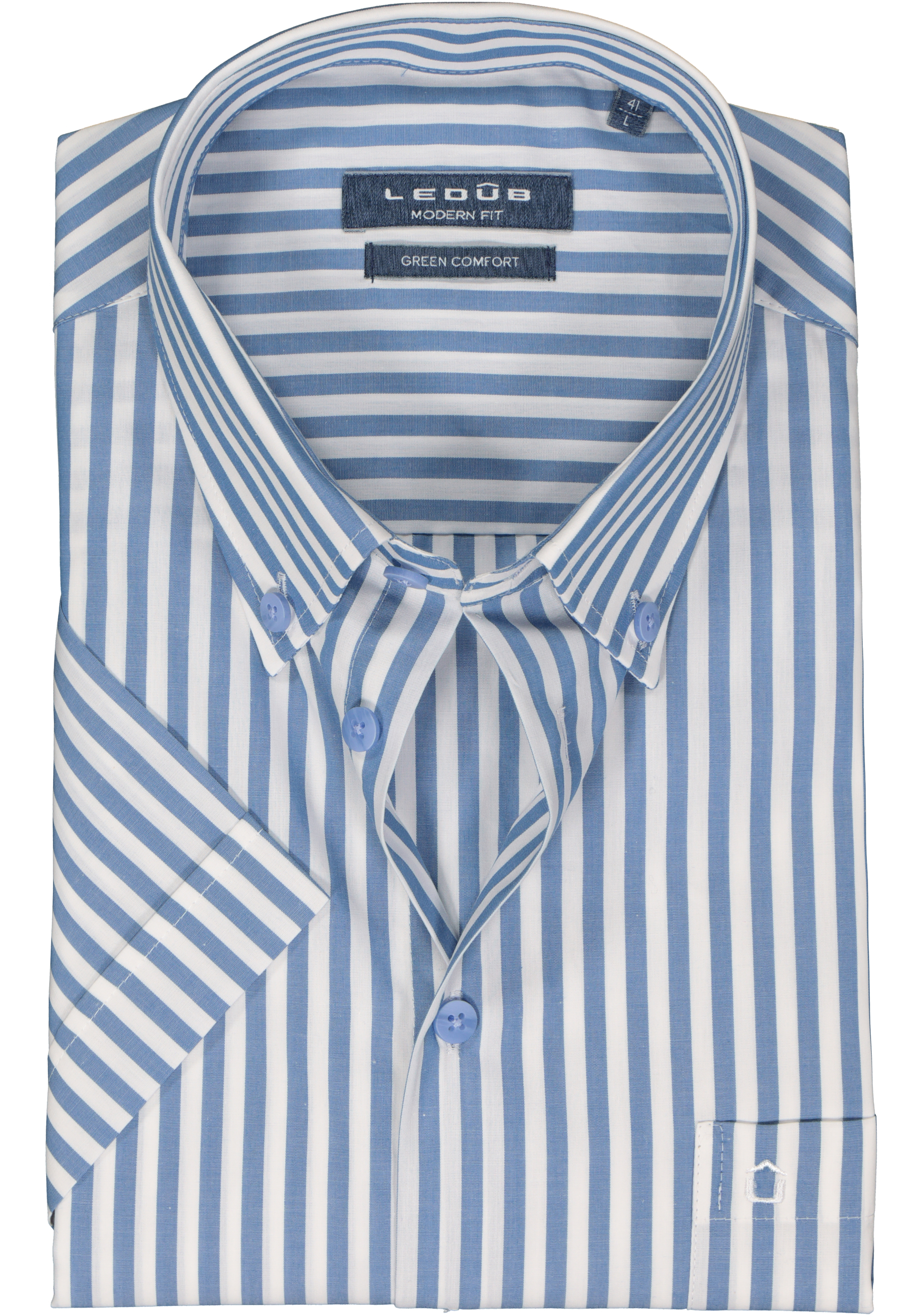 Ledub modern fit overhemd, korte mouw, popeline, middenblauw met wit gestreept