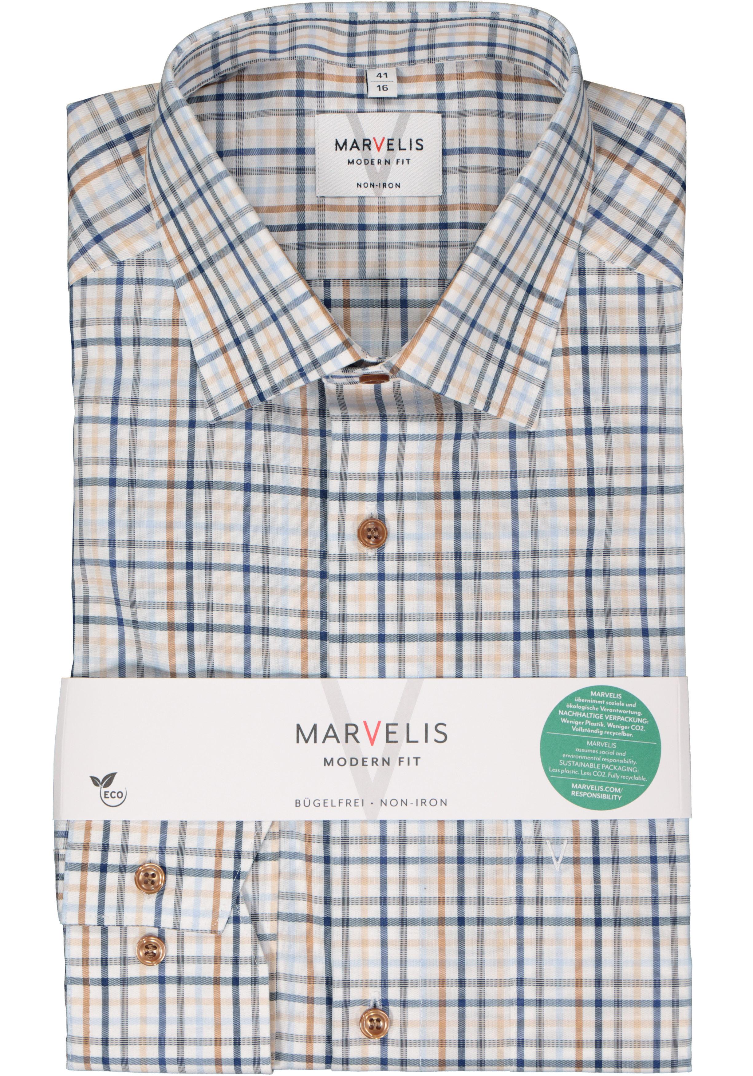 MARVELIS modern fit overhemd, popeline, wit met blauw en beige geruit