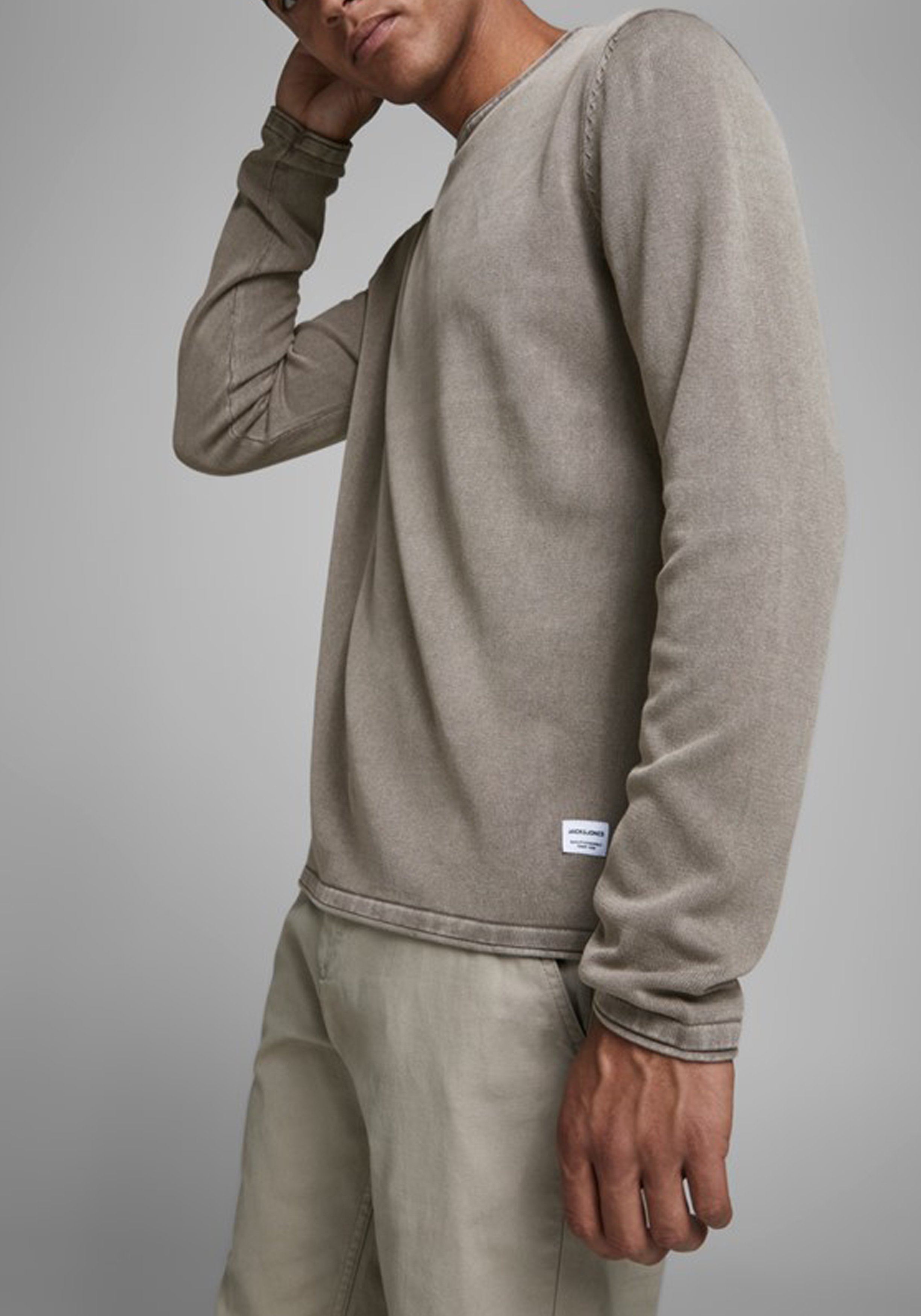 JACK & JONES slim fit trui katoen, O-hals, verwassen beige