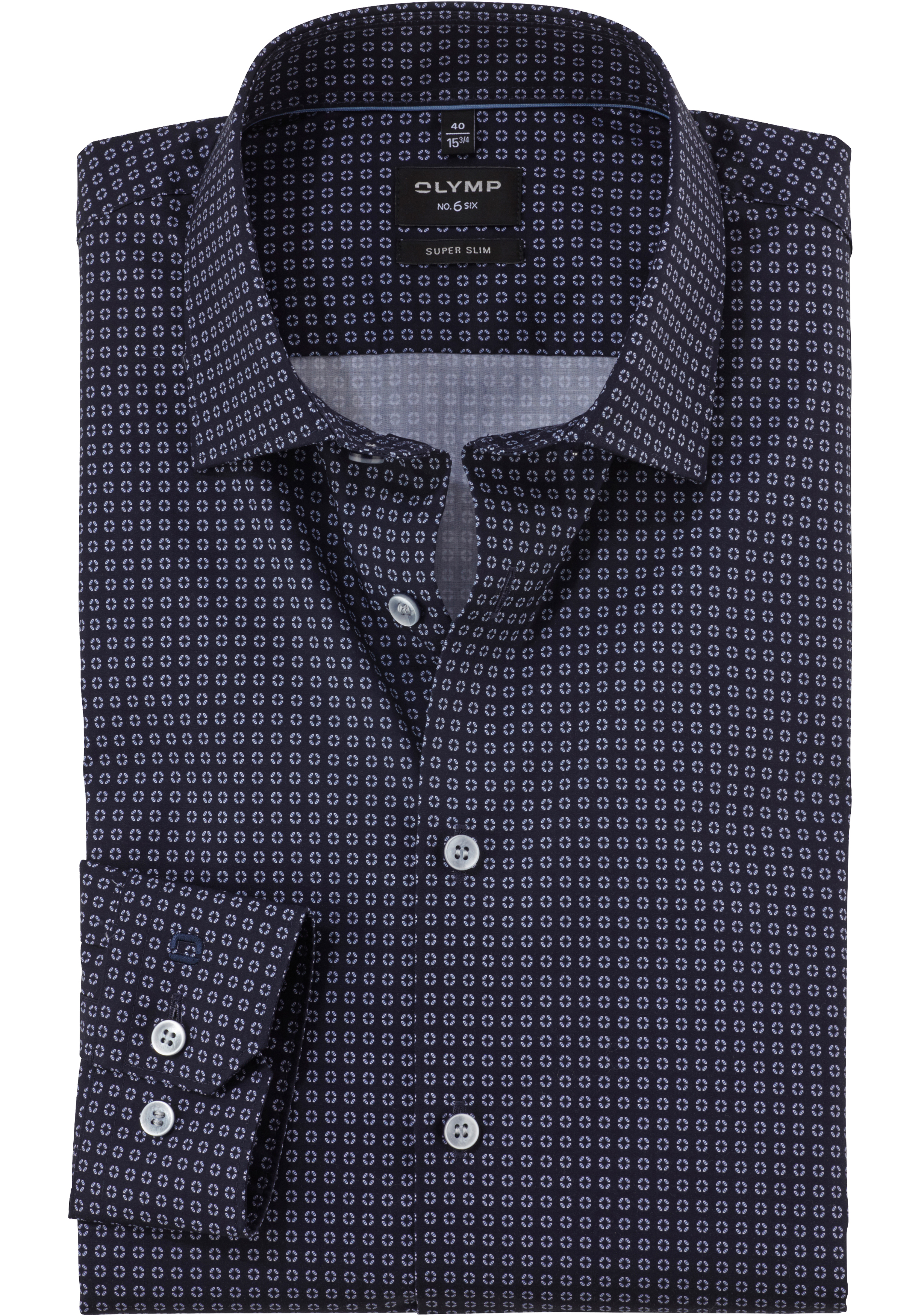 OLYMP No. 6 Six super slim fit overhemd, popeline, donkerblauw met wit en lichtblauw dessin