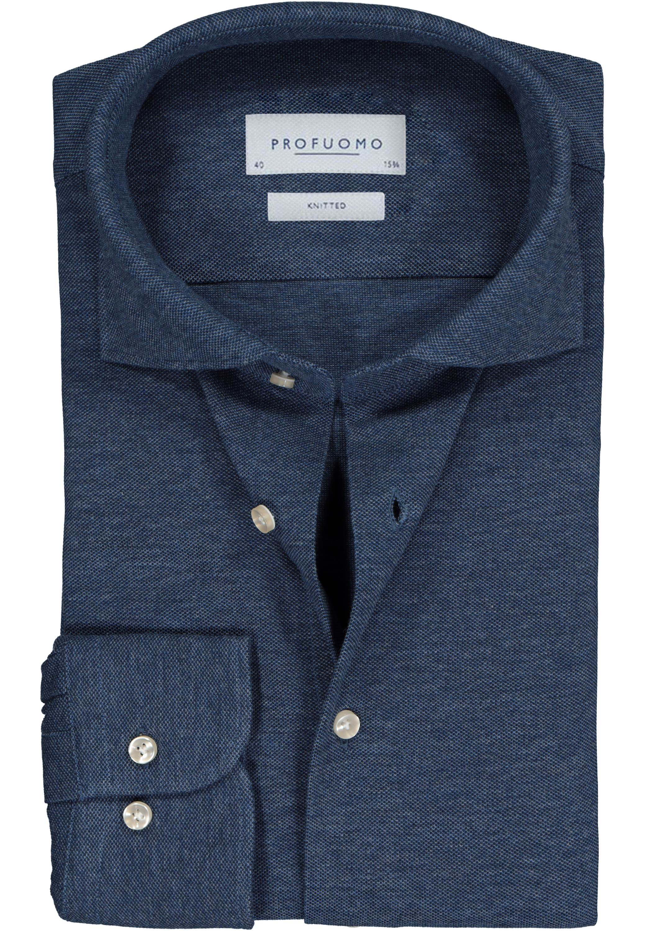 Profuomo slim fit jersey overhemd, knitted shirt pique, jeansblauw melange