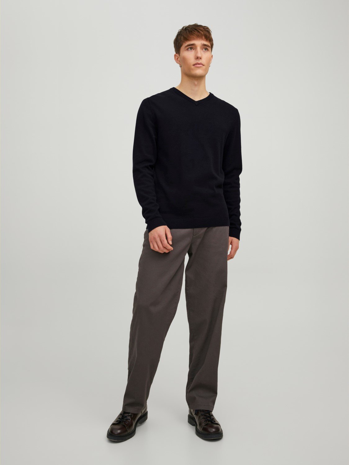 JACK & JONES Basic knit v-neck slim fit, heren pullover katoen met V-hals, zwart