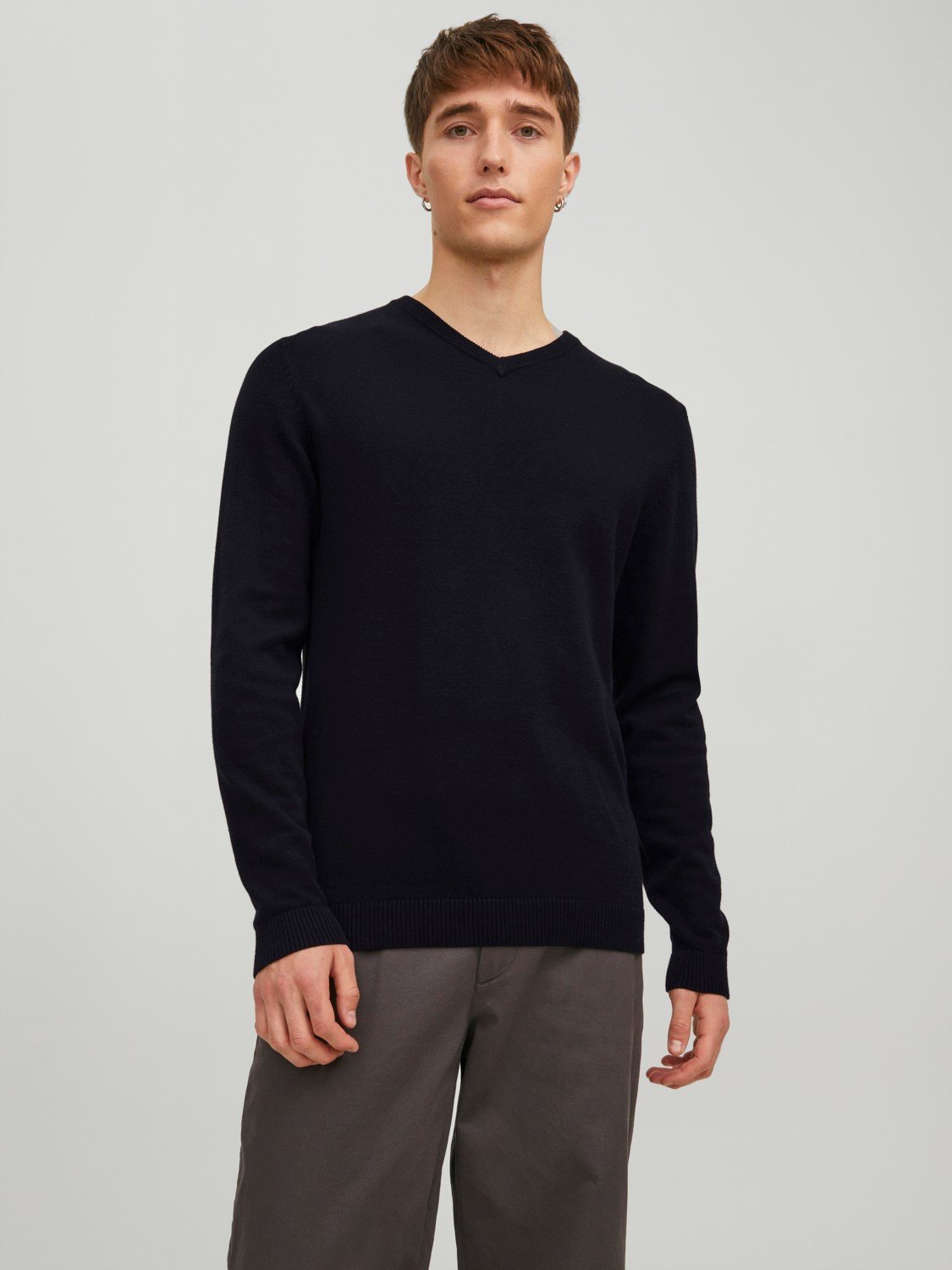 JACK & JONES Basic knit v-neck slim fit, heren pullover katoen met V-hals, zwart