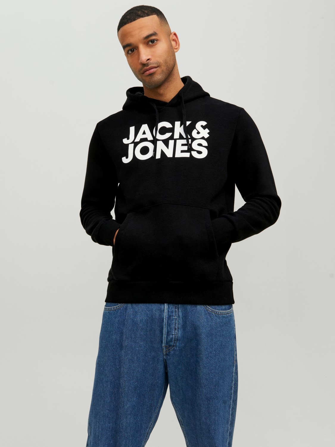 JACK & JONES Corp logo sweat hood regular fit, heren hoodie katoenmengsel met capuchon, zwart grote print