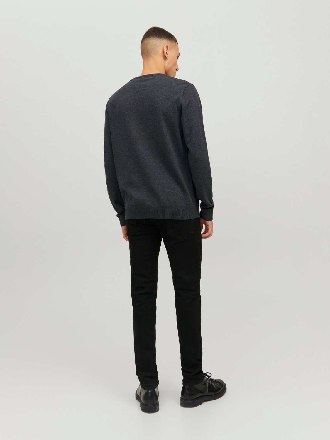 JACK & JONES Basic knit crew neck slim fit, heren pullover katoen met O-hals, donkergrijs melange