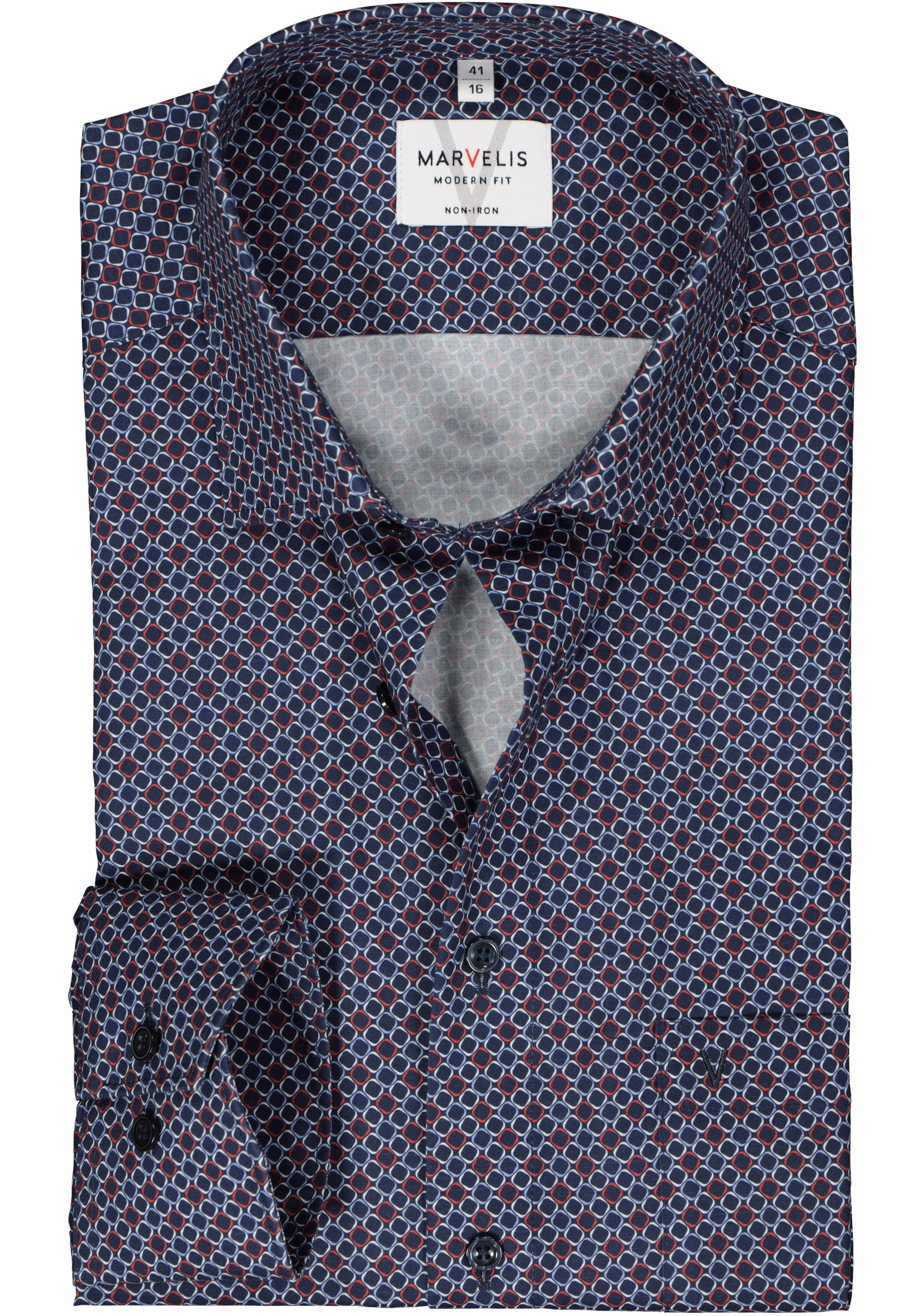 MARVELIS modern fit overhemd, mouwlengte 7, popeline, donkerblauw met rood, wit en lichtblauw dessin