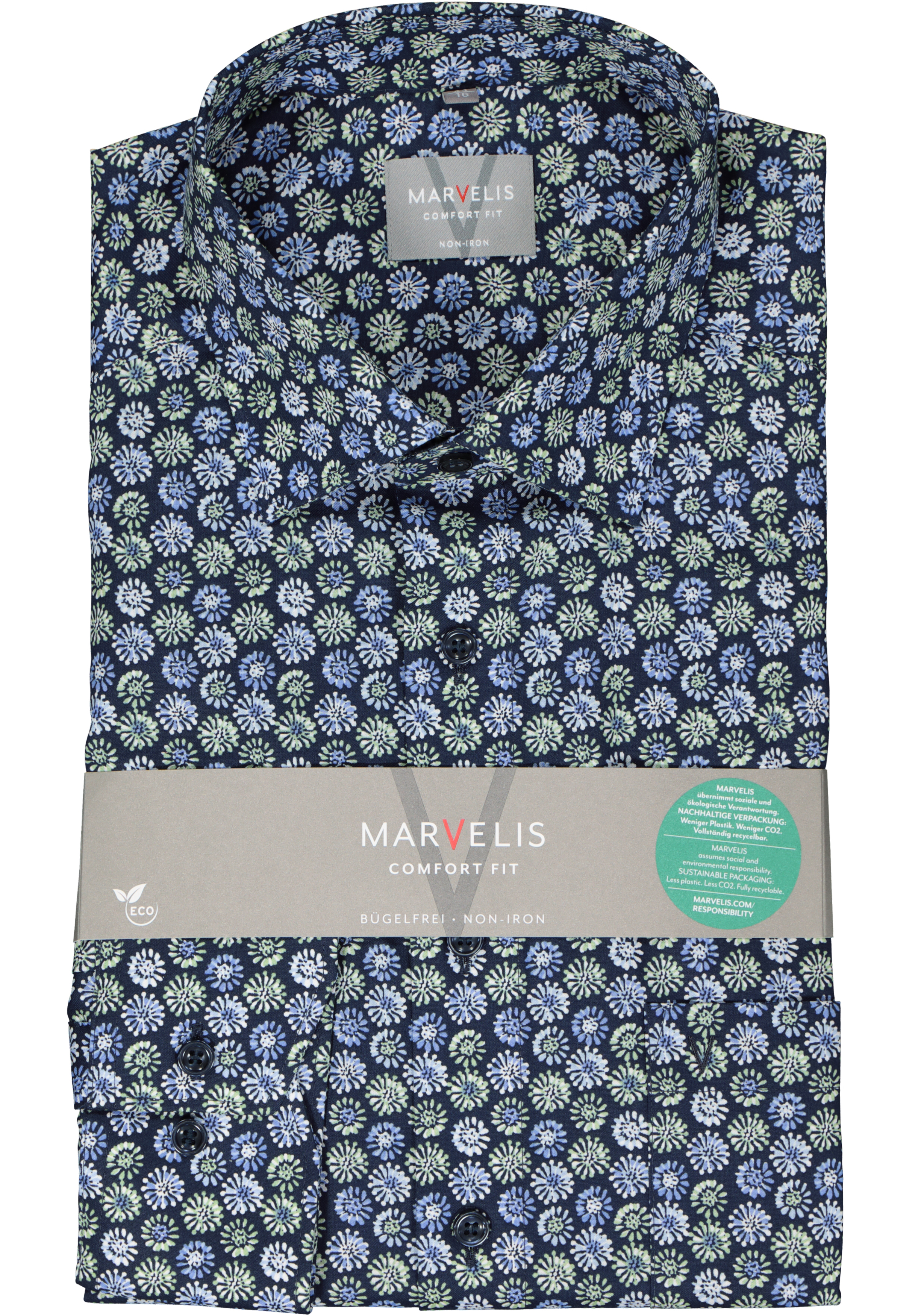 MARVELIS comfort fit overhemd, popeline, blauw met groen en wit dessin