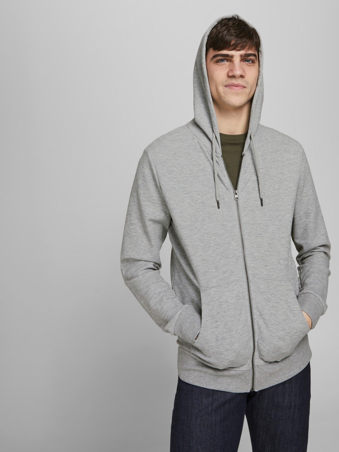 JACK & JONES Basic sweat zip hood slim fit, heren sweatvest katoenmengsel met capuchon, lichtgrijs melange