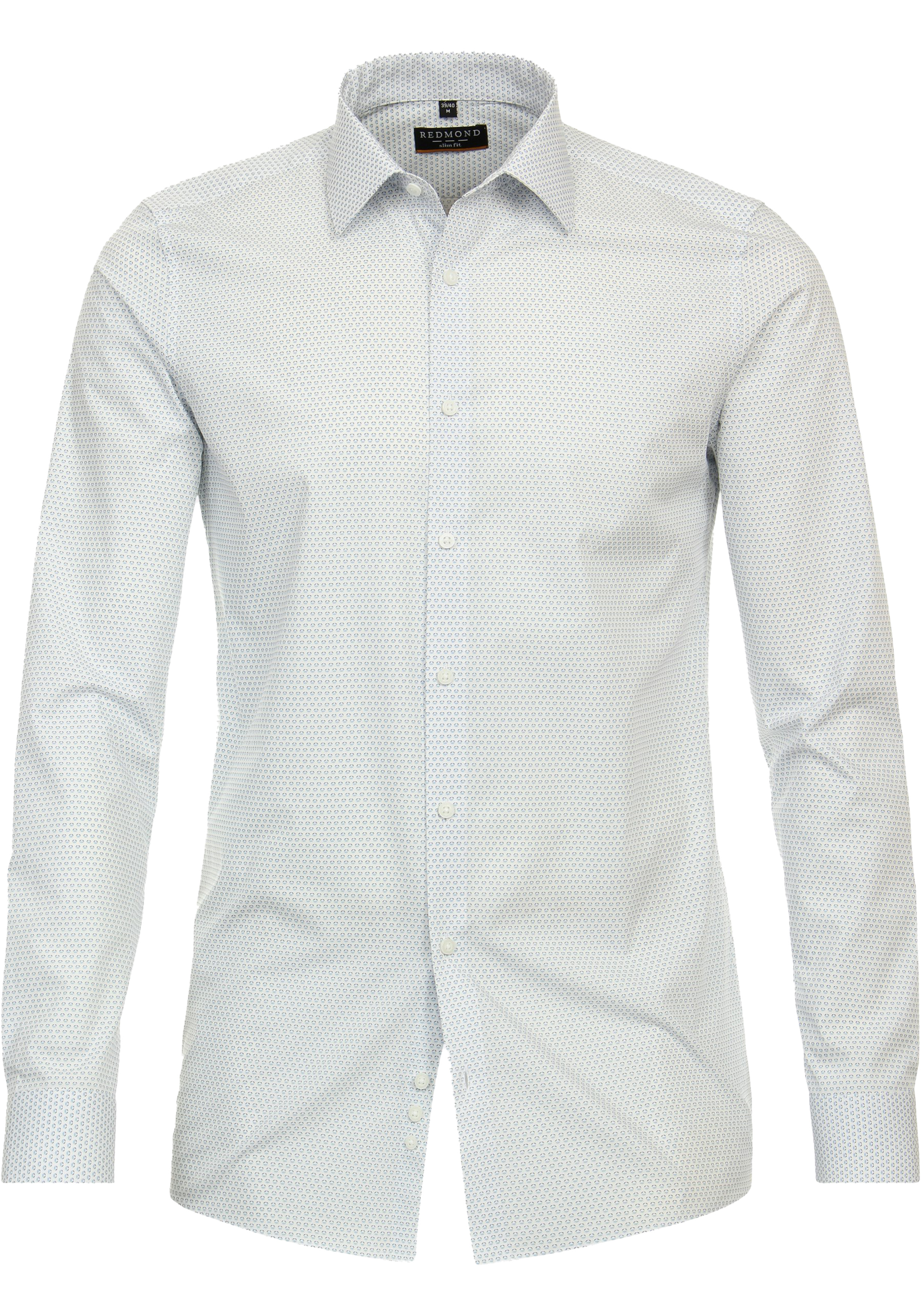 Redmond slim fit overhemd, popeline, wit met blauw dessin