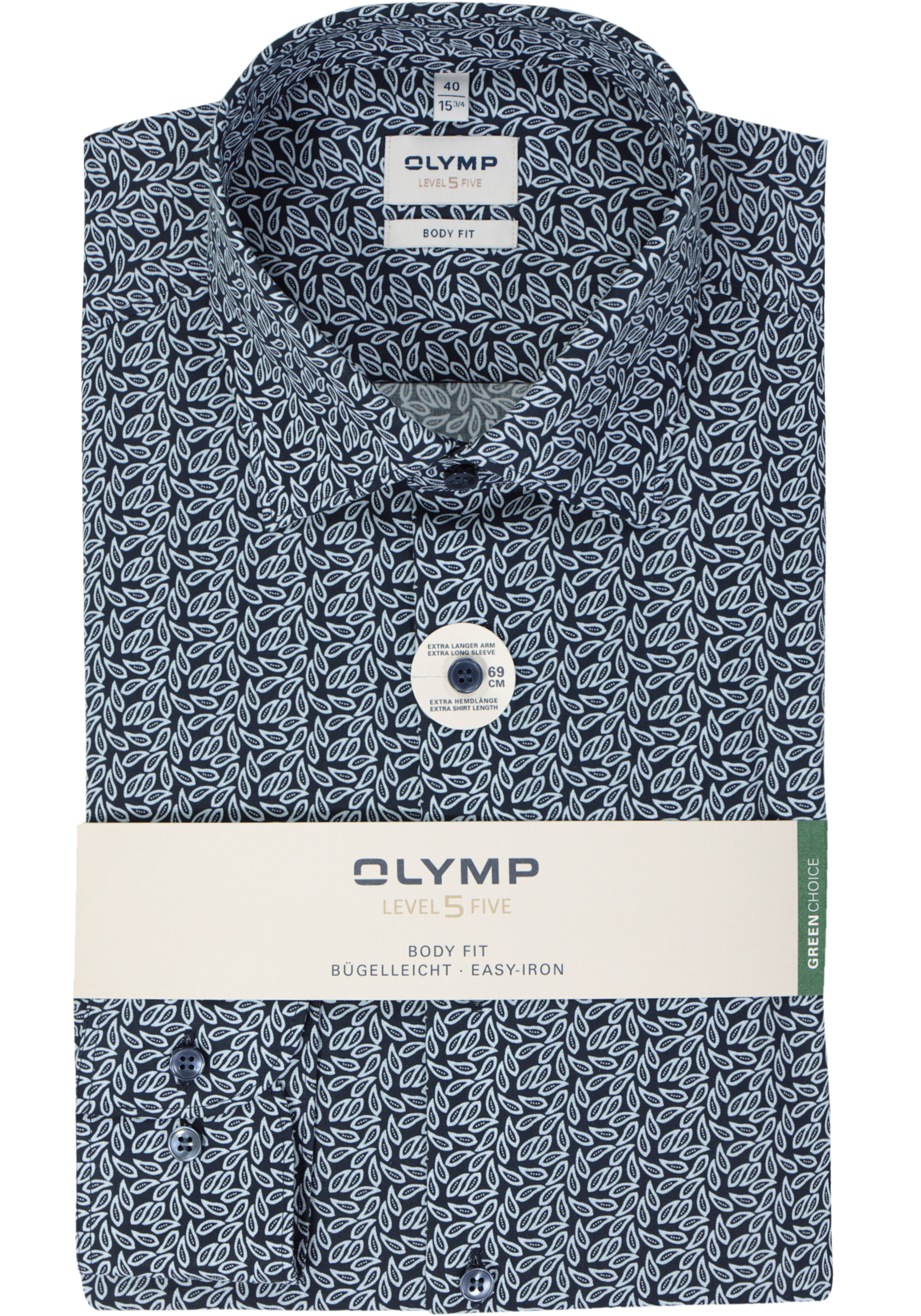 OLYMP Level 5 body fit overhemd, mouwlengte 7, mouwlengte 7, popeline, marine blauw dessin