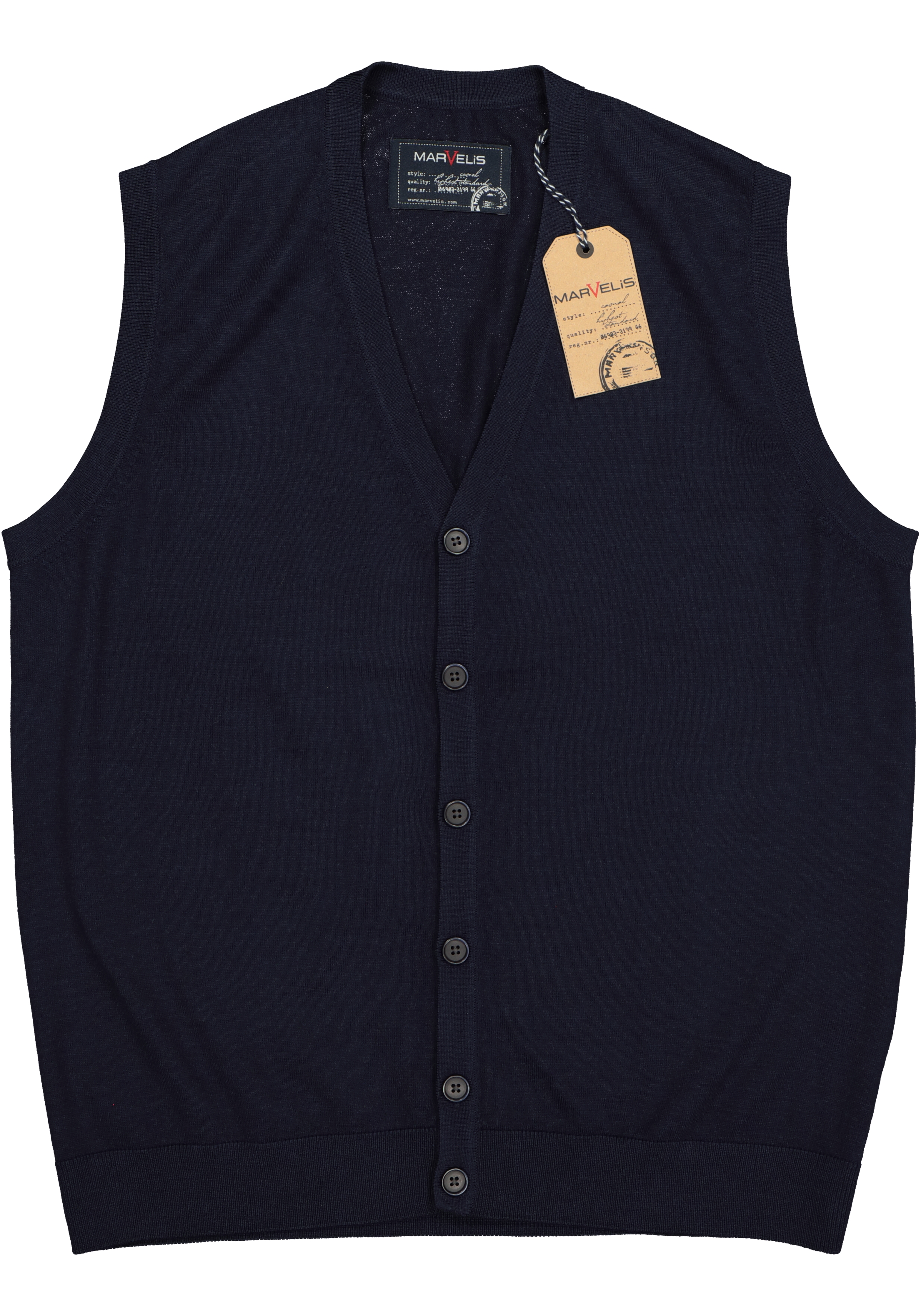 MARVELIS heren vest mouwloos, wol, V-hals, donkerblauw