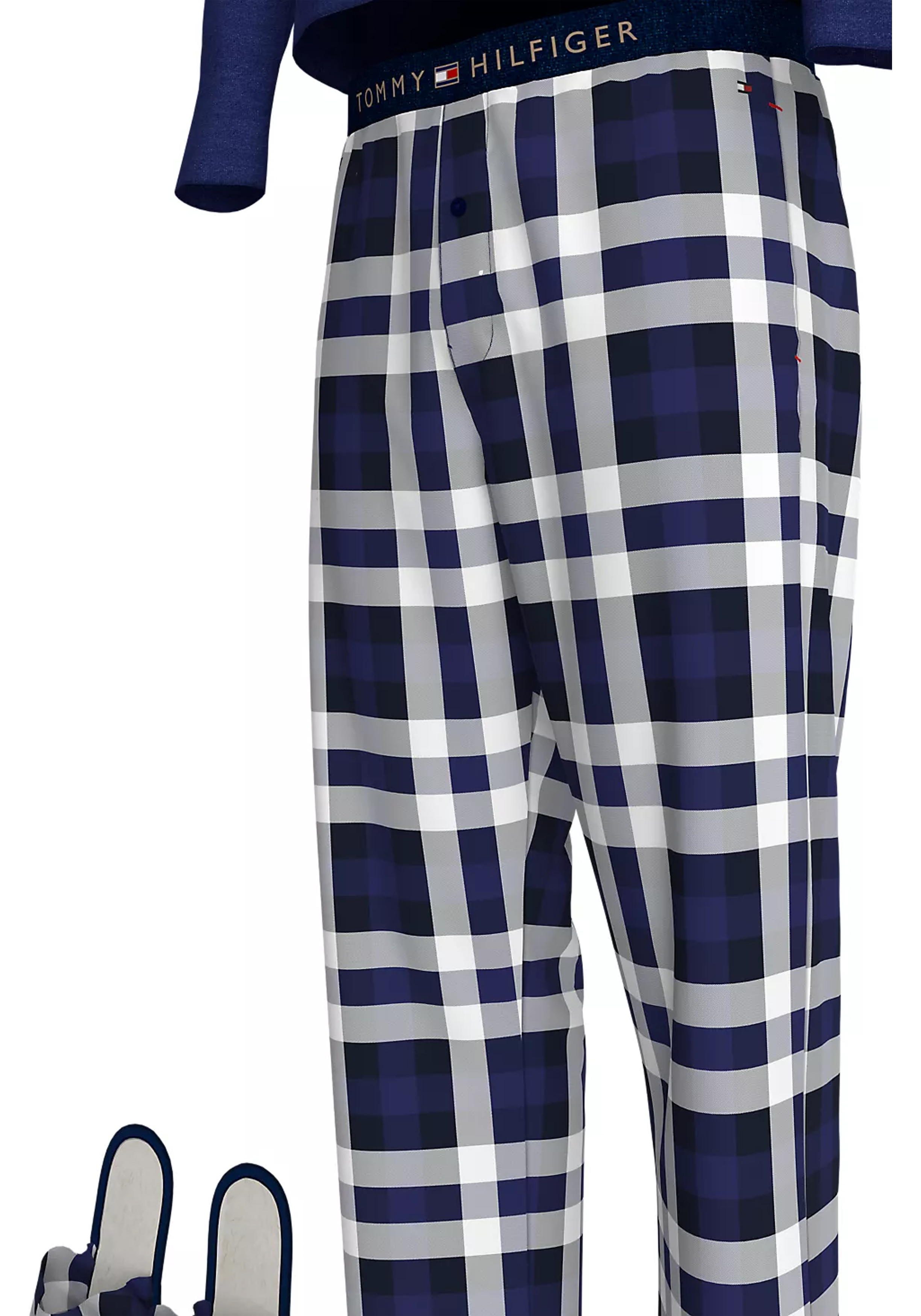 Tommy Hilfiger heren pyjama set, blauw shirt en slippers met blauw met wit geruite broek