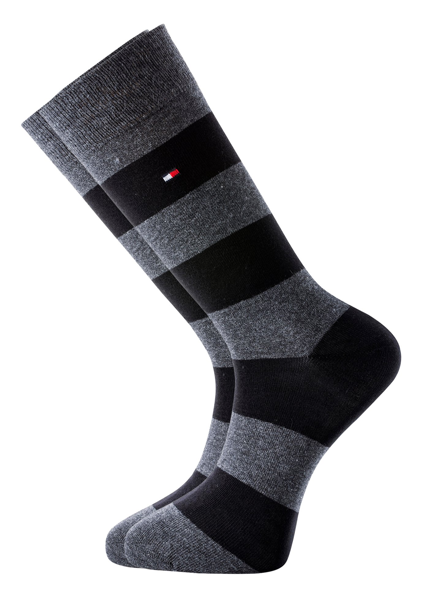 Tommy Hilfiger Rugby Stripe Socks (2-pack), herensokken katoen gestreept en uni, zwart met grijs