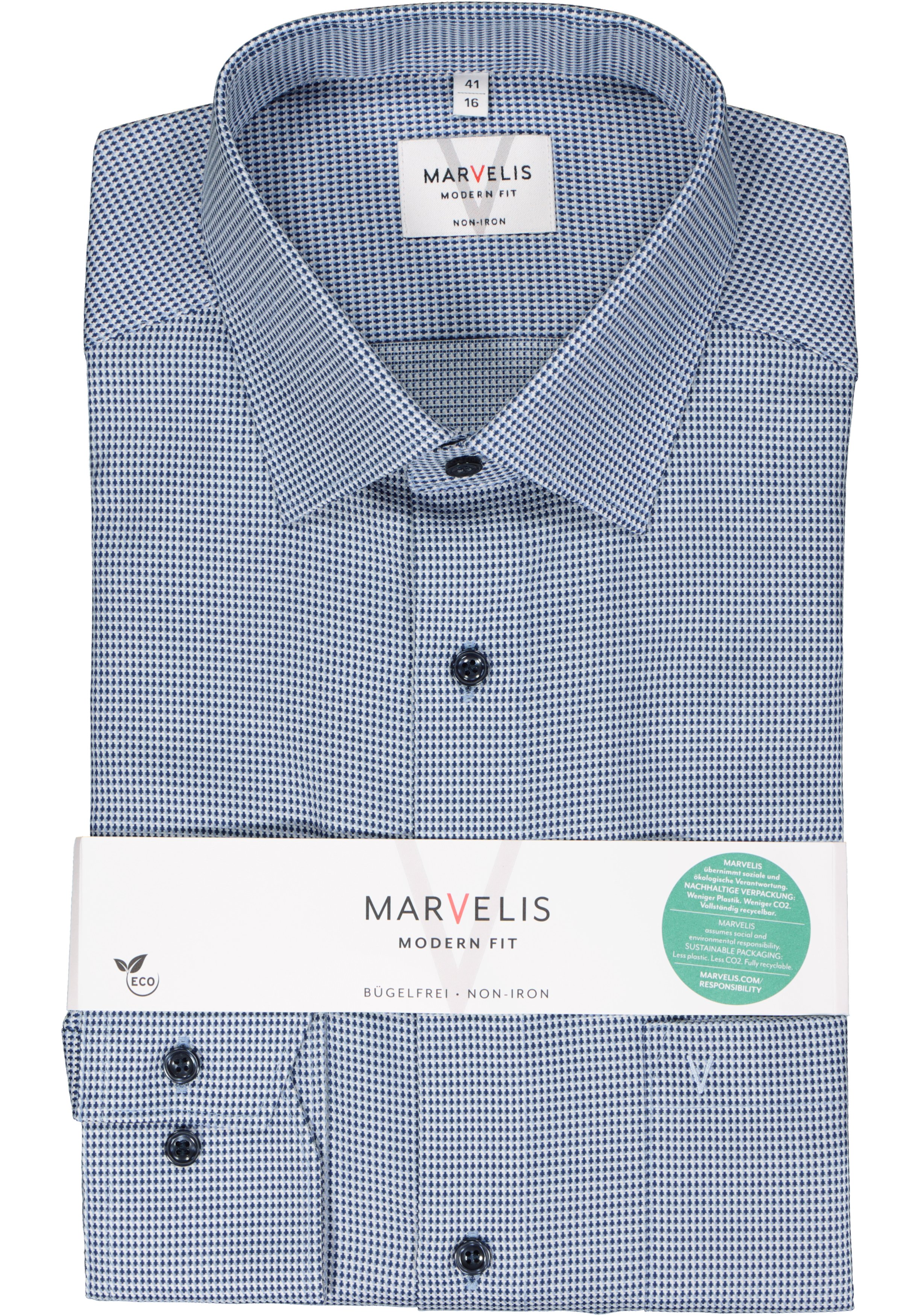 MARVELIS modern fit overhemd, popeline, blauw met wit mini dessin