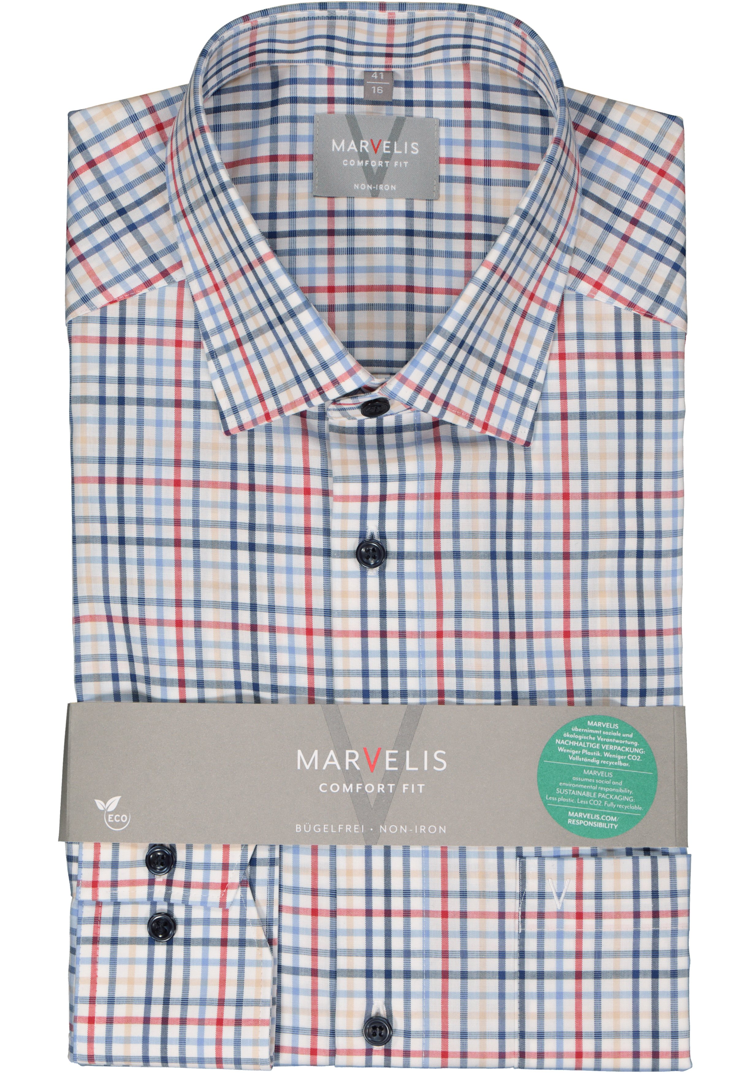 MARVELIS comfort fit overhemd, popeline, wit met blauw, geel en rood geruit