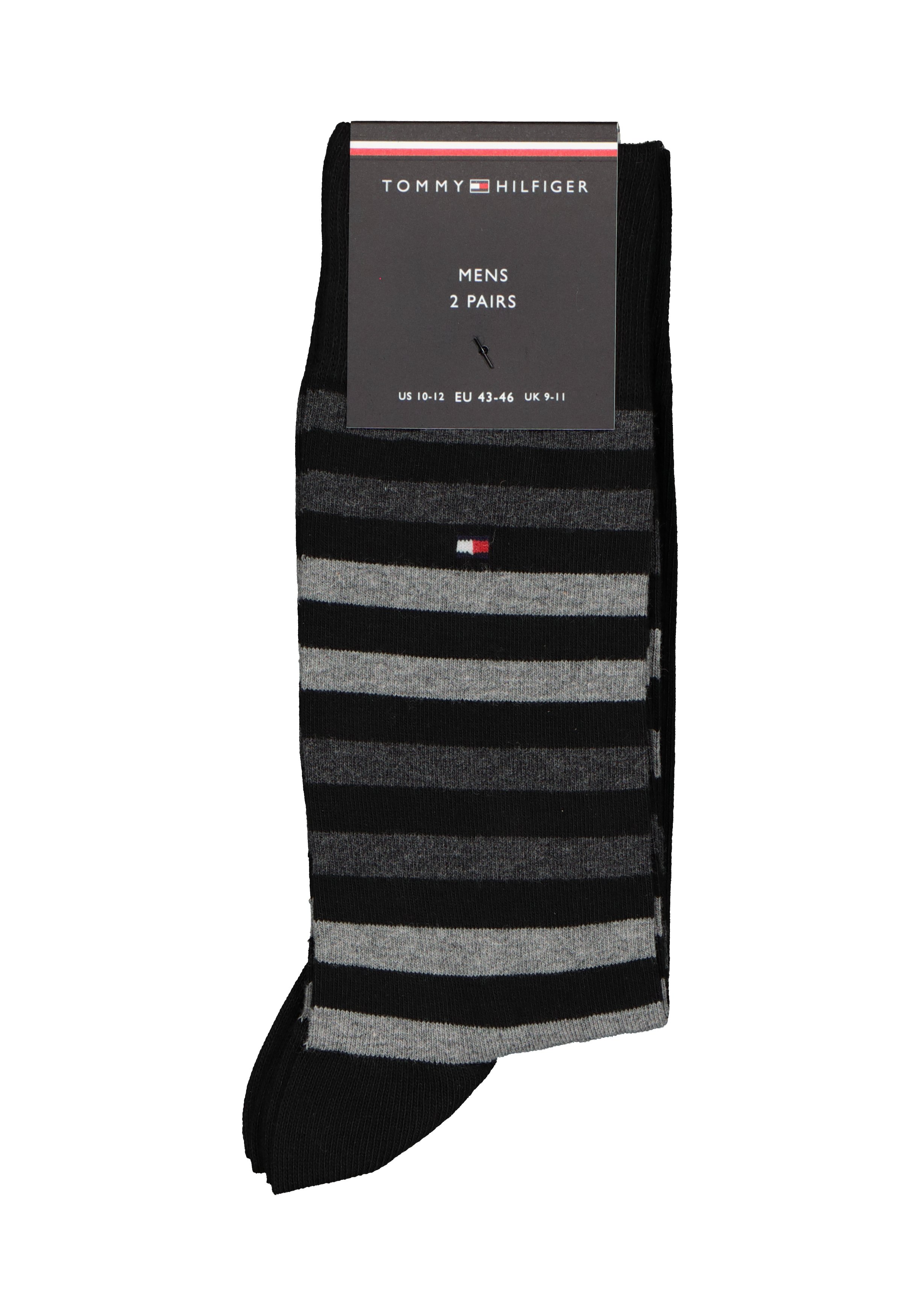 Tommy Hilfiger Duo Stripe Socks (2-pack), herensokken katoen, gestreept en uni, zwart met grijs