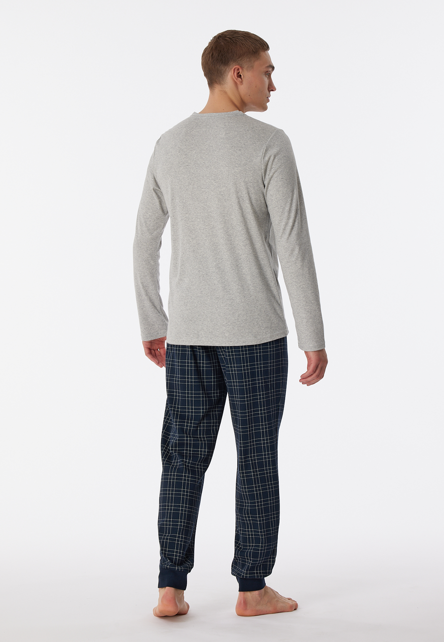 SCHIESSER Fine Interlock pyjamaset, heren pyjama lang interlock manchetten knoopsluiting geruit grijs-melange