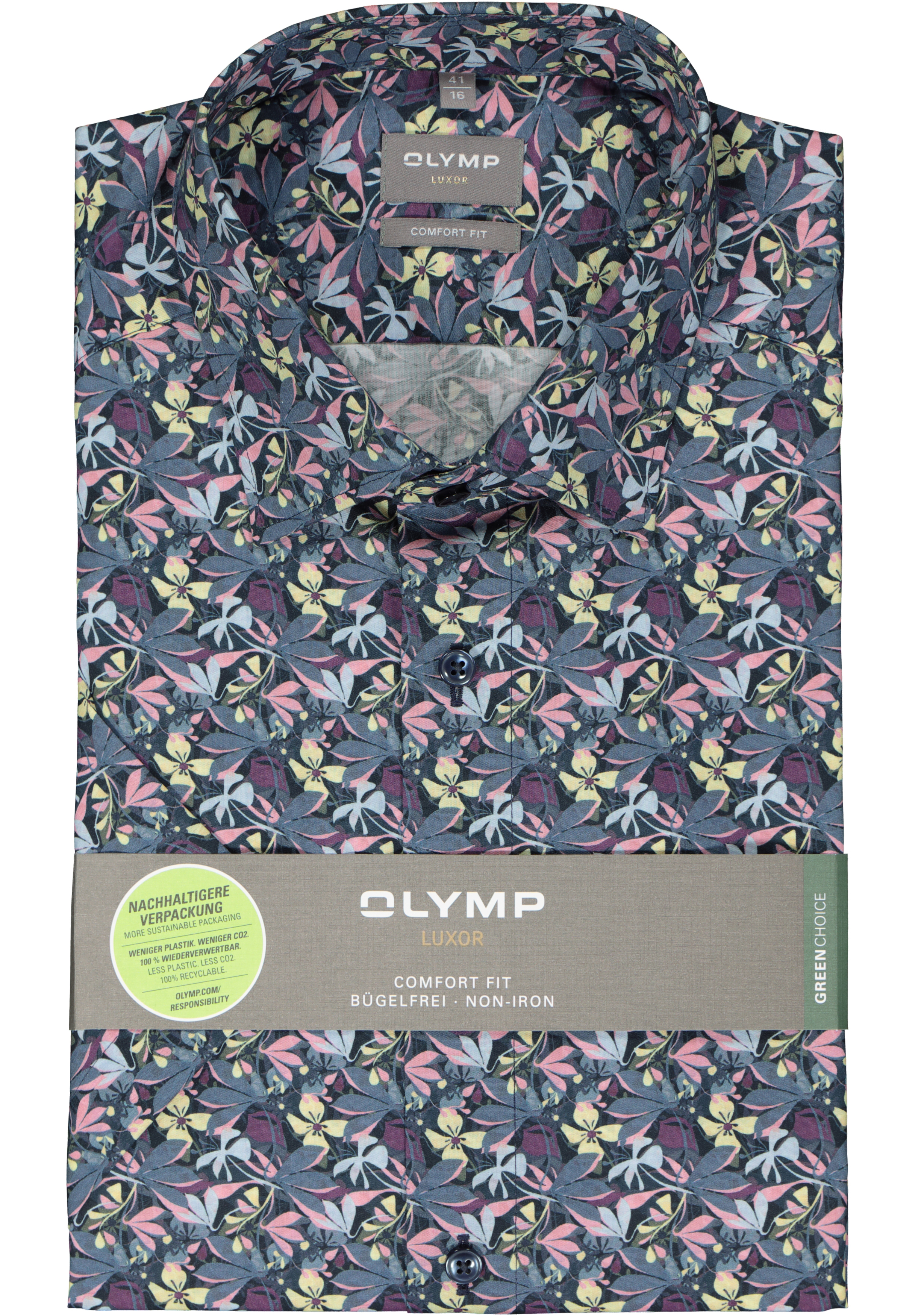 OLYMP comfort fit overhemd, korte mouw, popeline, grijs met geel en roze dessin