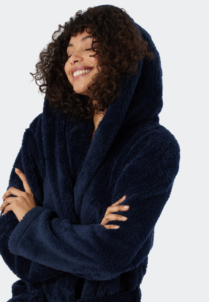 SCHIESSER Essentials badjas, dames kamerjas teddyfleece comfort fit donkerblauw