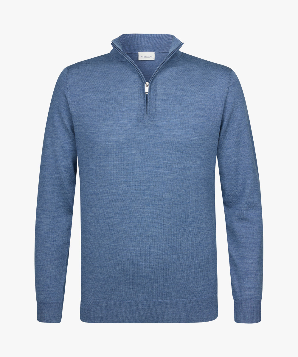 Profuomo heren trui wol, slim fit trui met korte rits, blauw