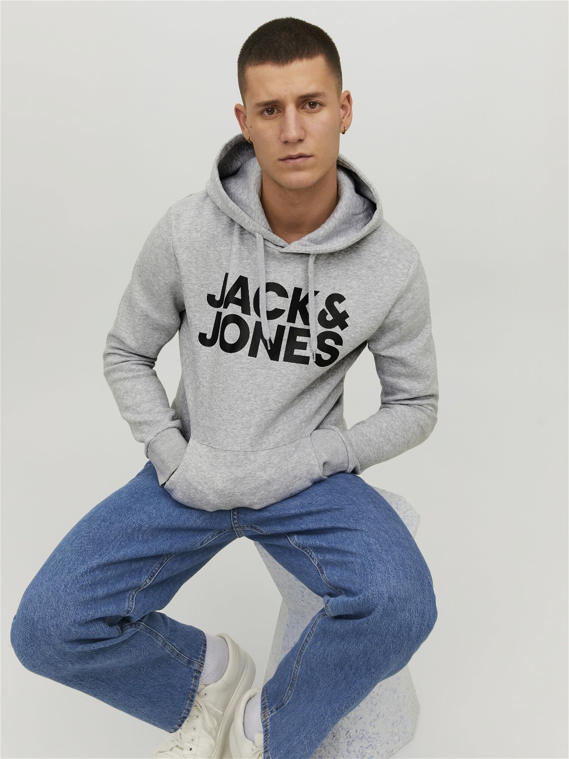 JACK & JONES Corp logo sweat hood regular fit, heren hoodie katoenmengsel met capuchon, lichtgrijs melange grote print