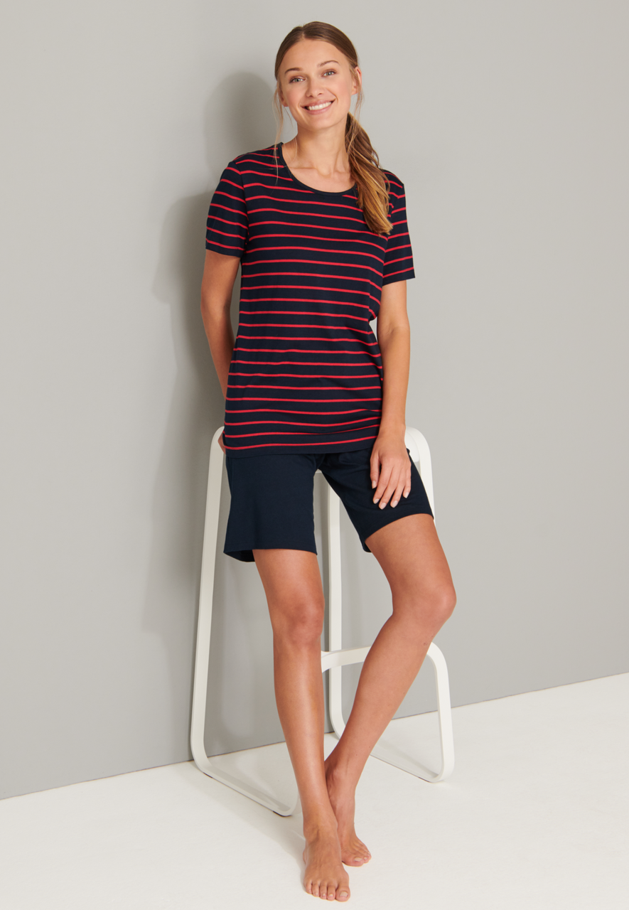 SCHIESSER selected! premium inspiration shortamaset, dames shortama streepjes donkerblauw-rood